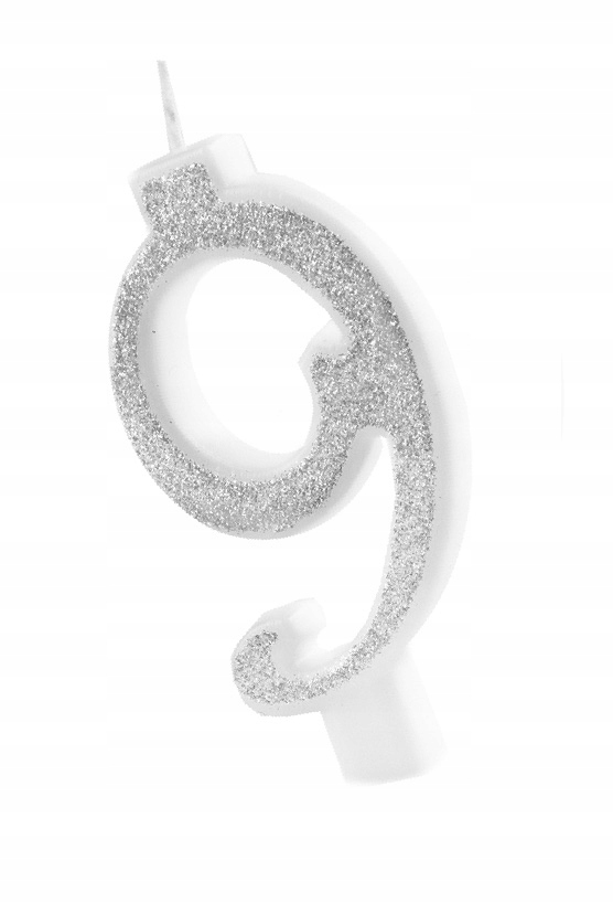 ŚWIECZKA URODZINOWA CYFRA 9 SREBRNA BROKAT TORT Urodziny Rocznica Jubileusz