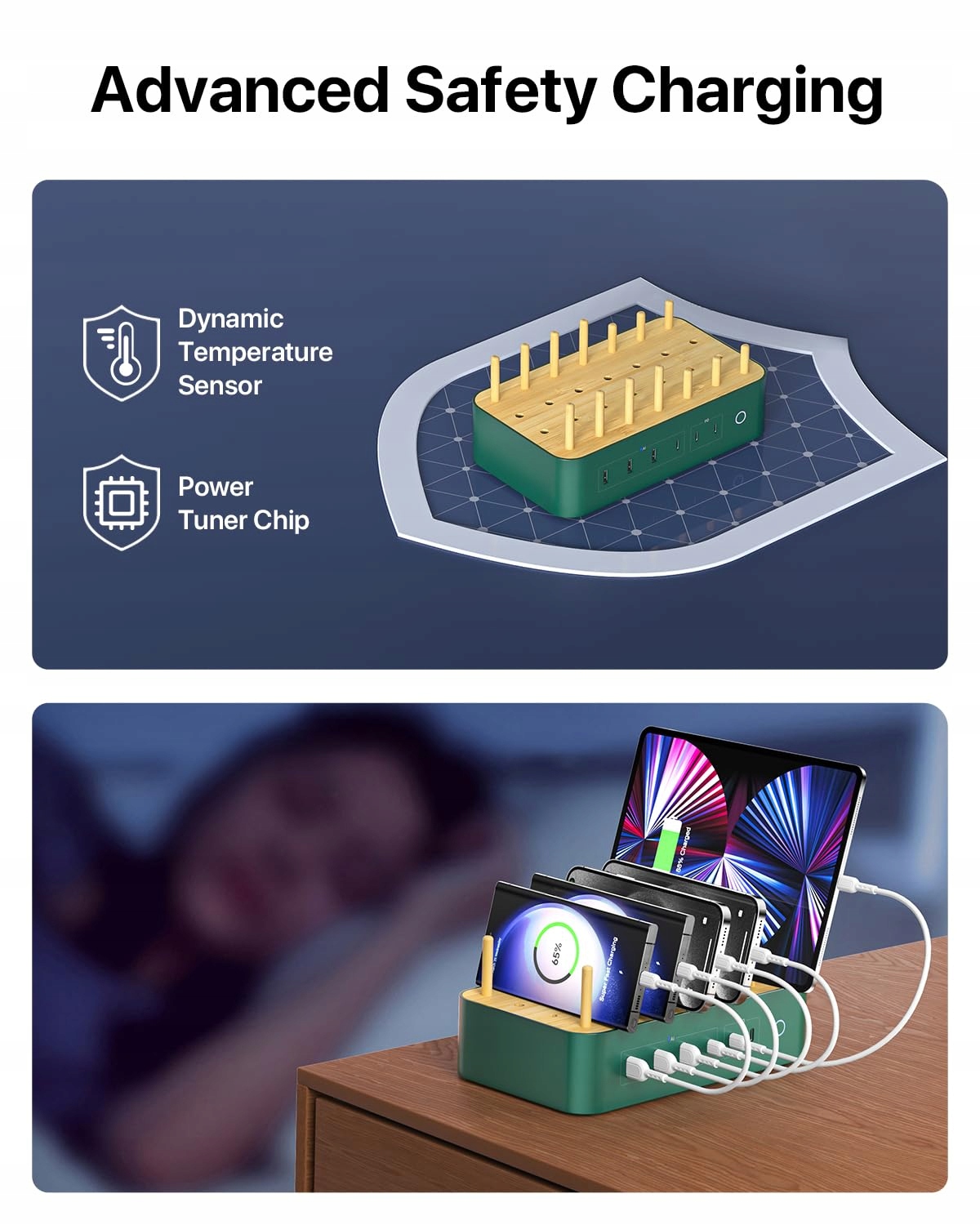 VISIONSYNC Stacja Ładowania USB-C 60W 6-Portowa Z Bambusa Zielona — miniatura 6