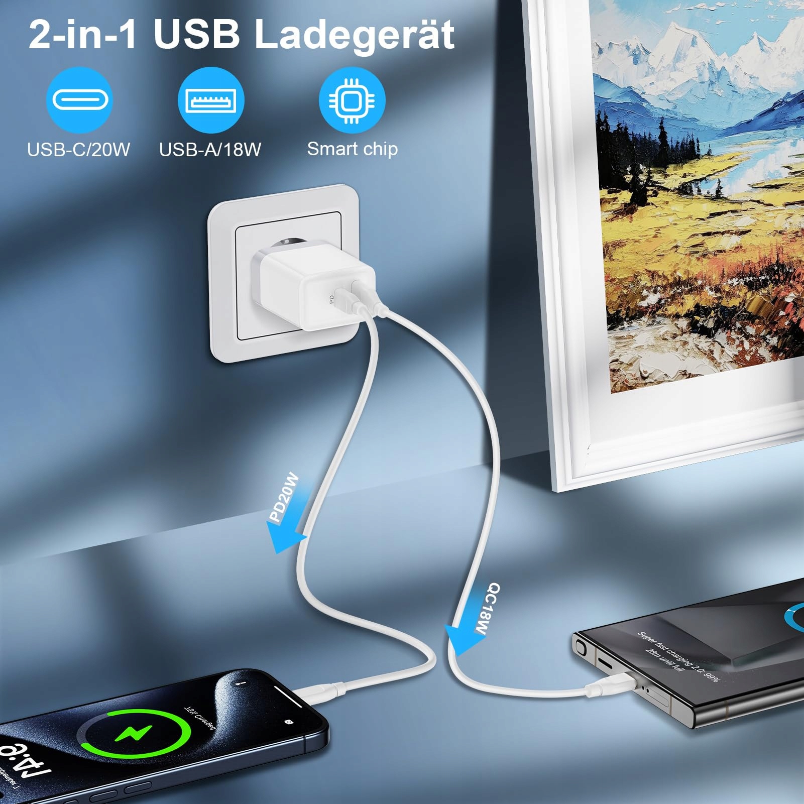FoBrown Ładowarka USB C 20W 2 Porty QC30 Szybkie Ładowanie Samsung iPhone — miniatura 3