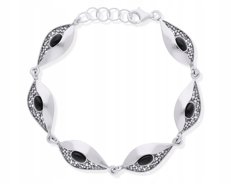 Stříbrný náramek s černými onyxy pro ženy, široký ryzost 925