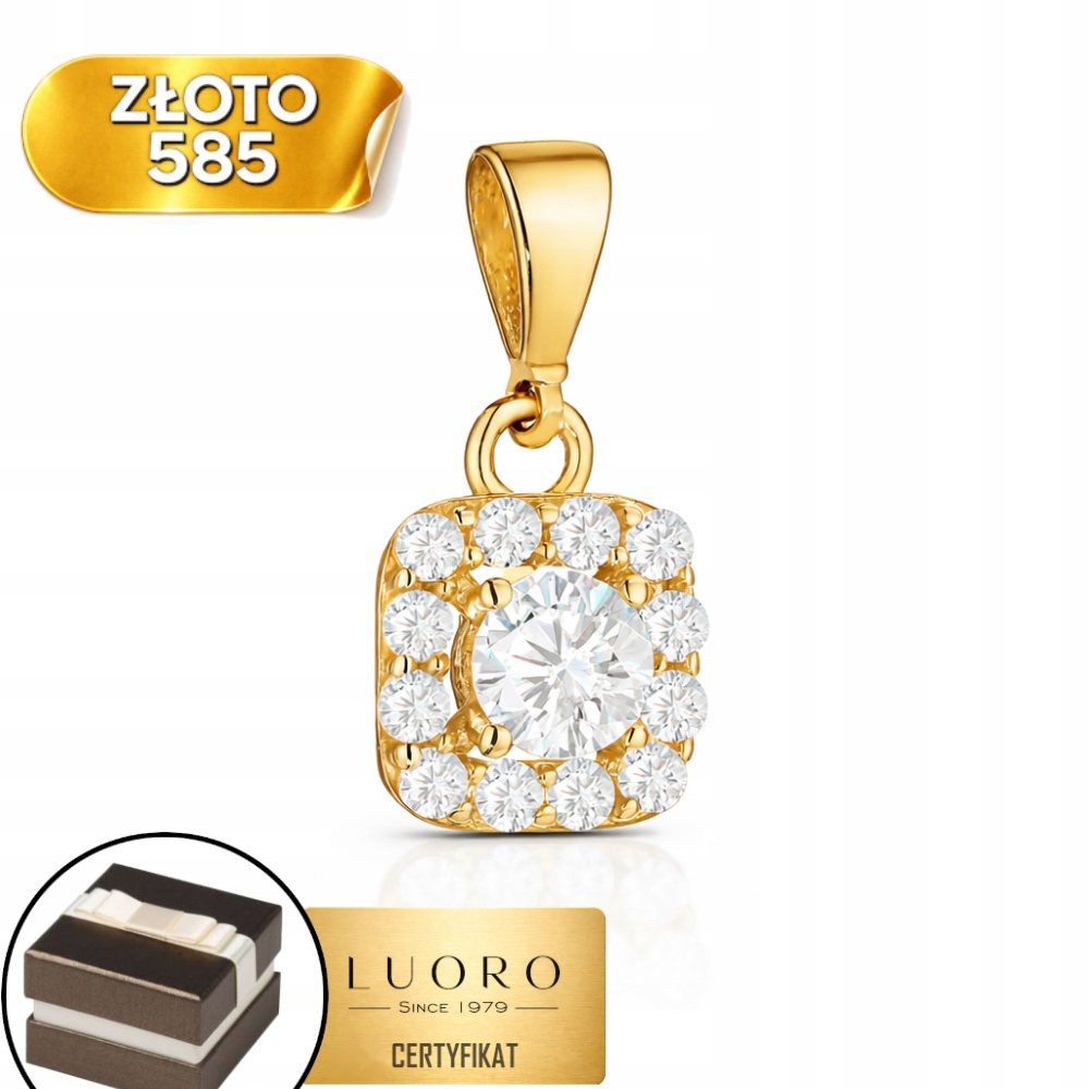 Zlatý Přívěsek 585 14K Čtverec Se Zirkony 1,5 CM Elegantní, Jemný
