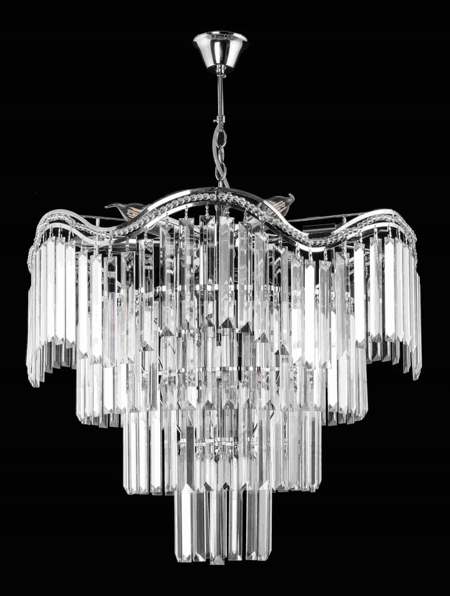 Závěsný lustr W-e 1735/9 Cr, skupina krystalů na hadovité linii obývacího pokoje