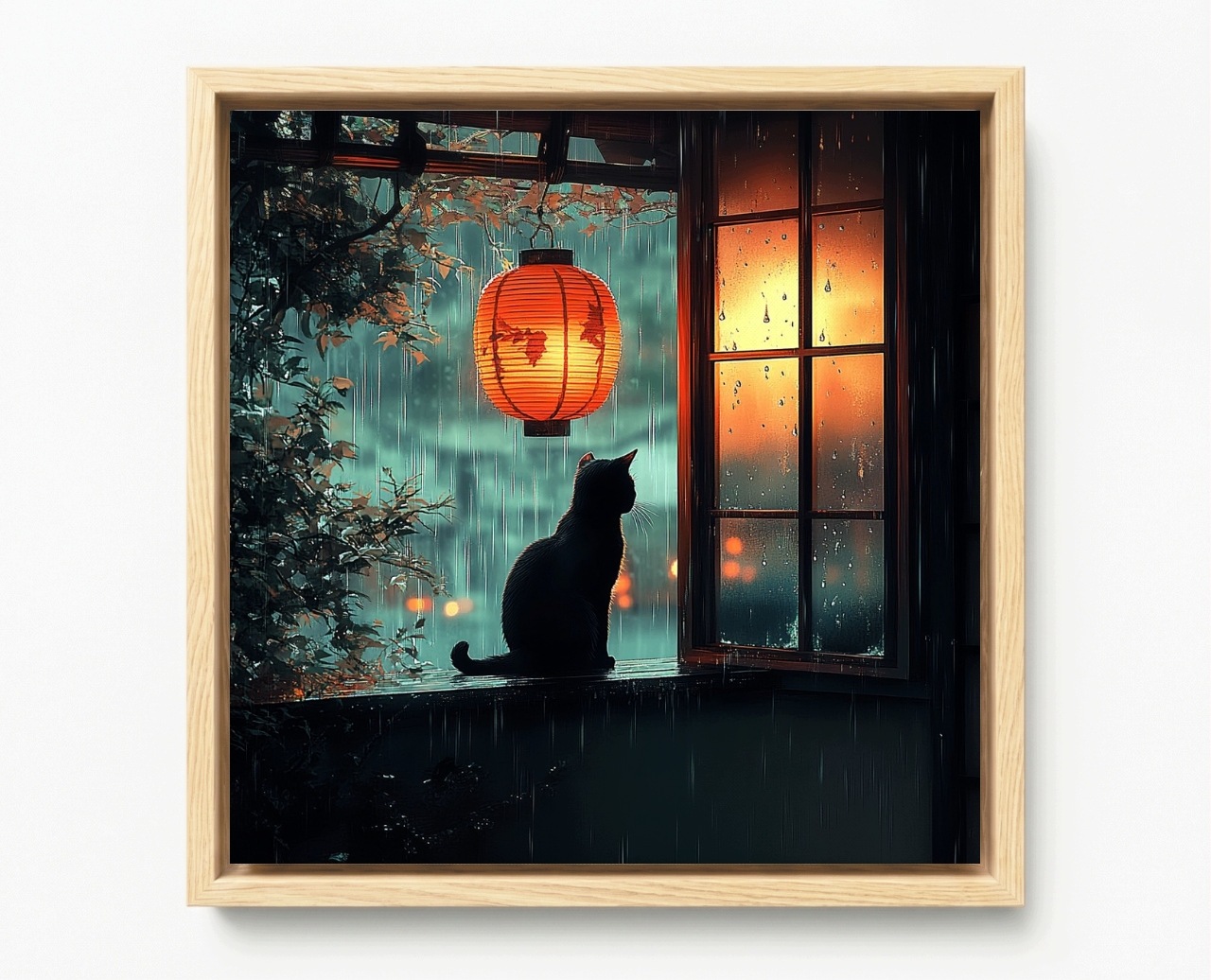 Obraz Rám American Box Večer Noc Dážď Lampáš Čierny Mačka 60x60
