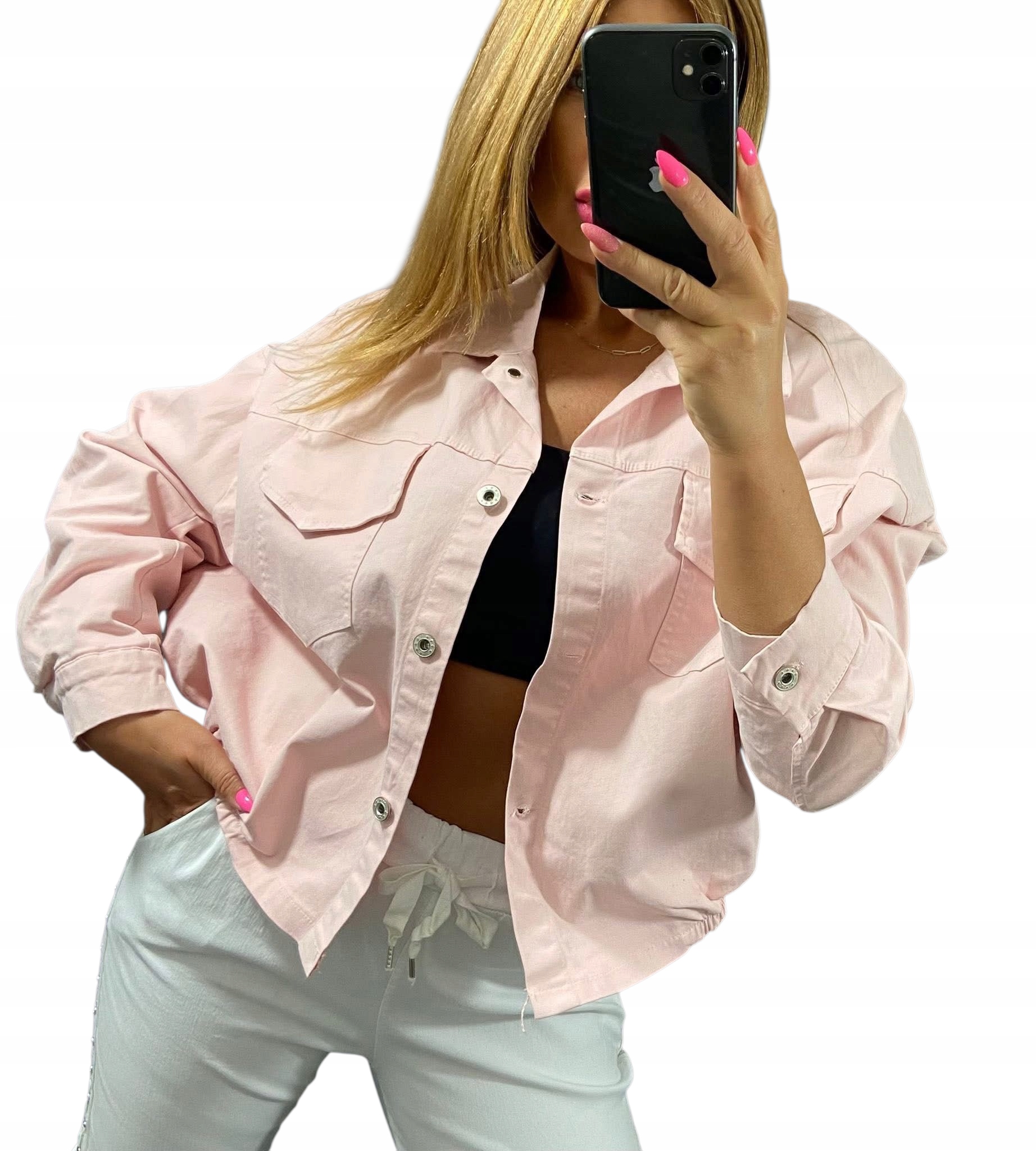 Elegantní džínová bunda, pudrově růžová katana, Plus Size, velikost 46-52