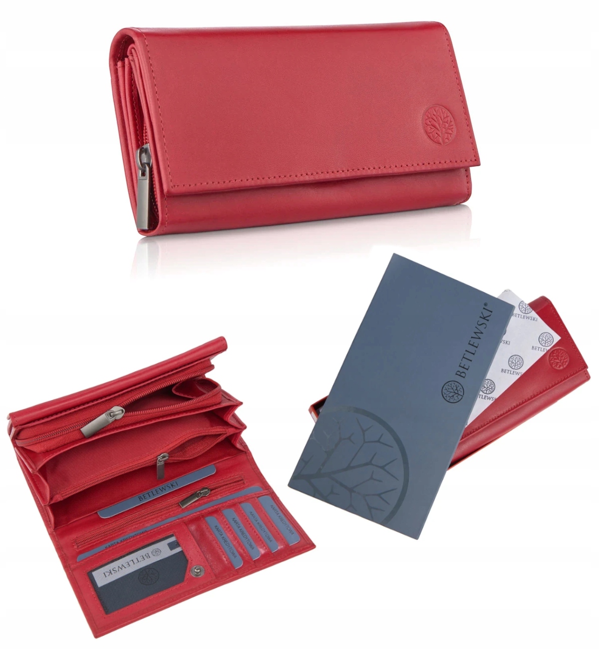 Velká Peněženka Z Přírodní Kůže, Červená, Prostorná, Dámská Krabička Betlewski