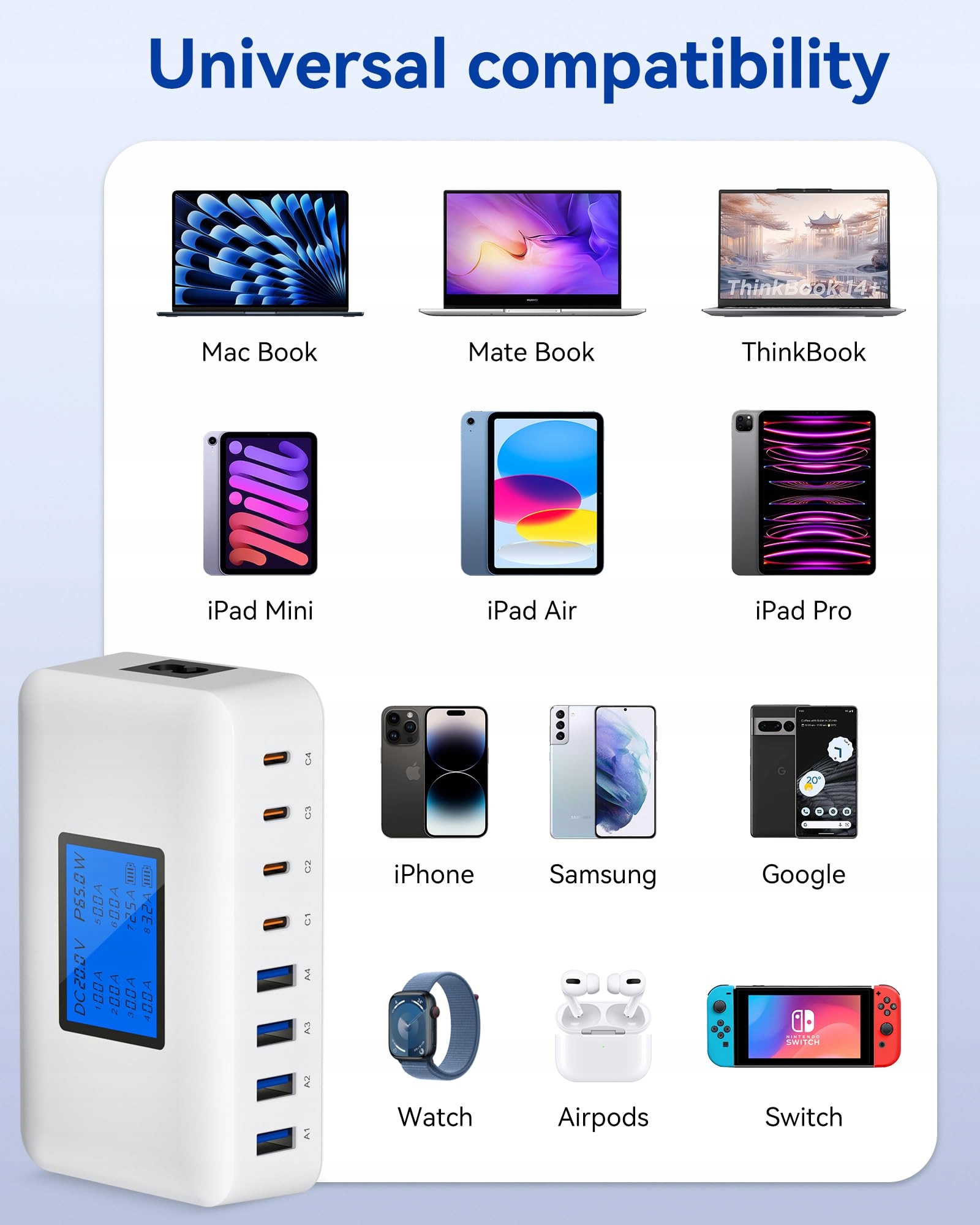 Ładowarka USB C, 200 W, wielokrotna – 8-portowy zasilacz USB C — miniatura 6