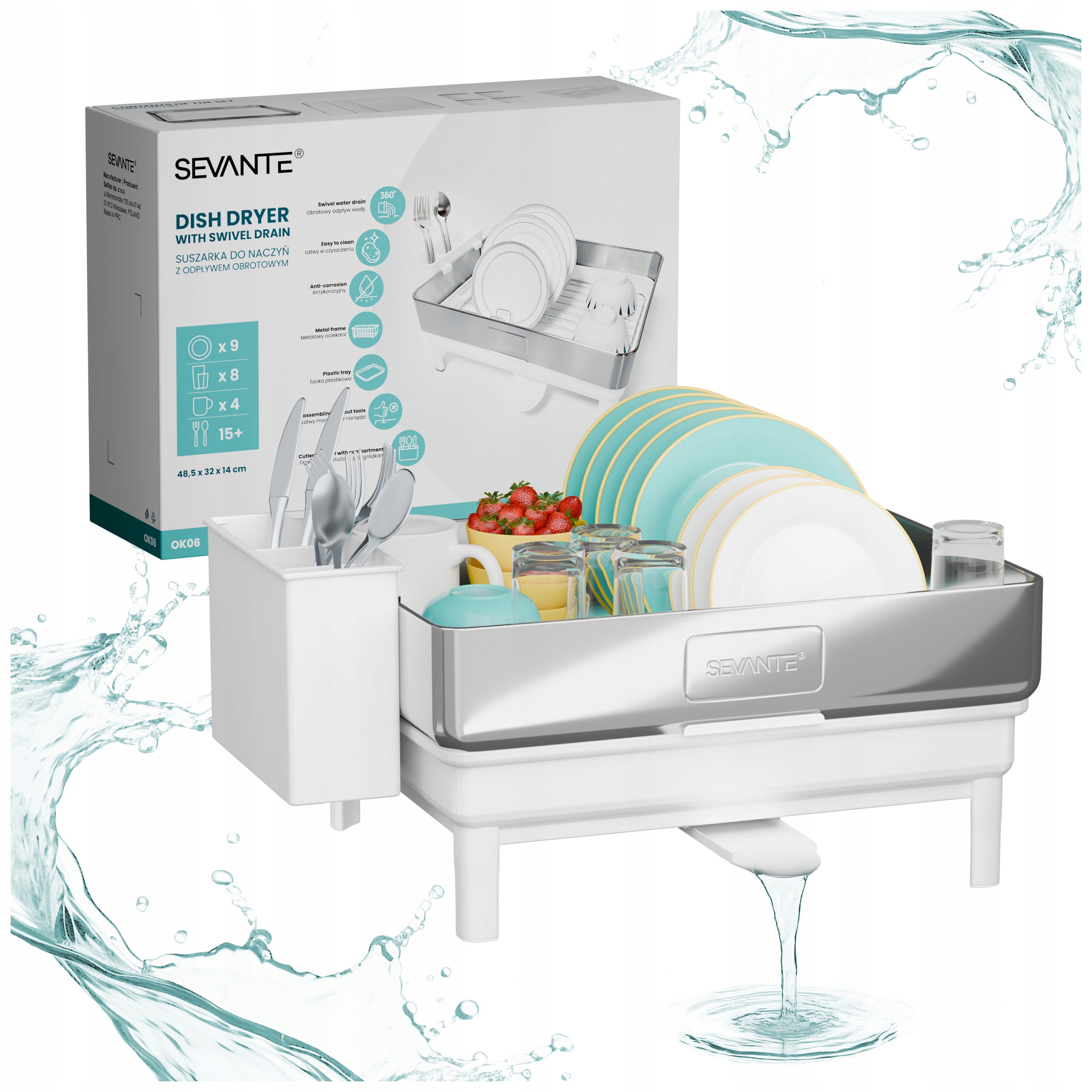 Kuchyňský odkapávač na nádobí na talíře, bílý, s otočným odtokem