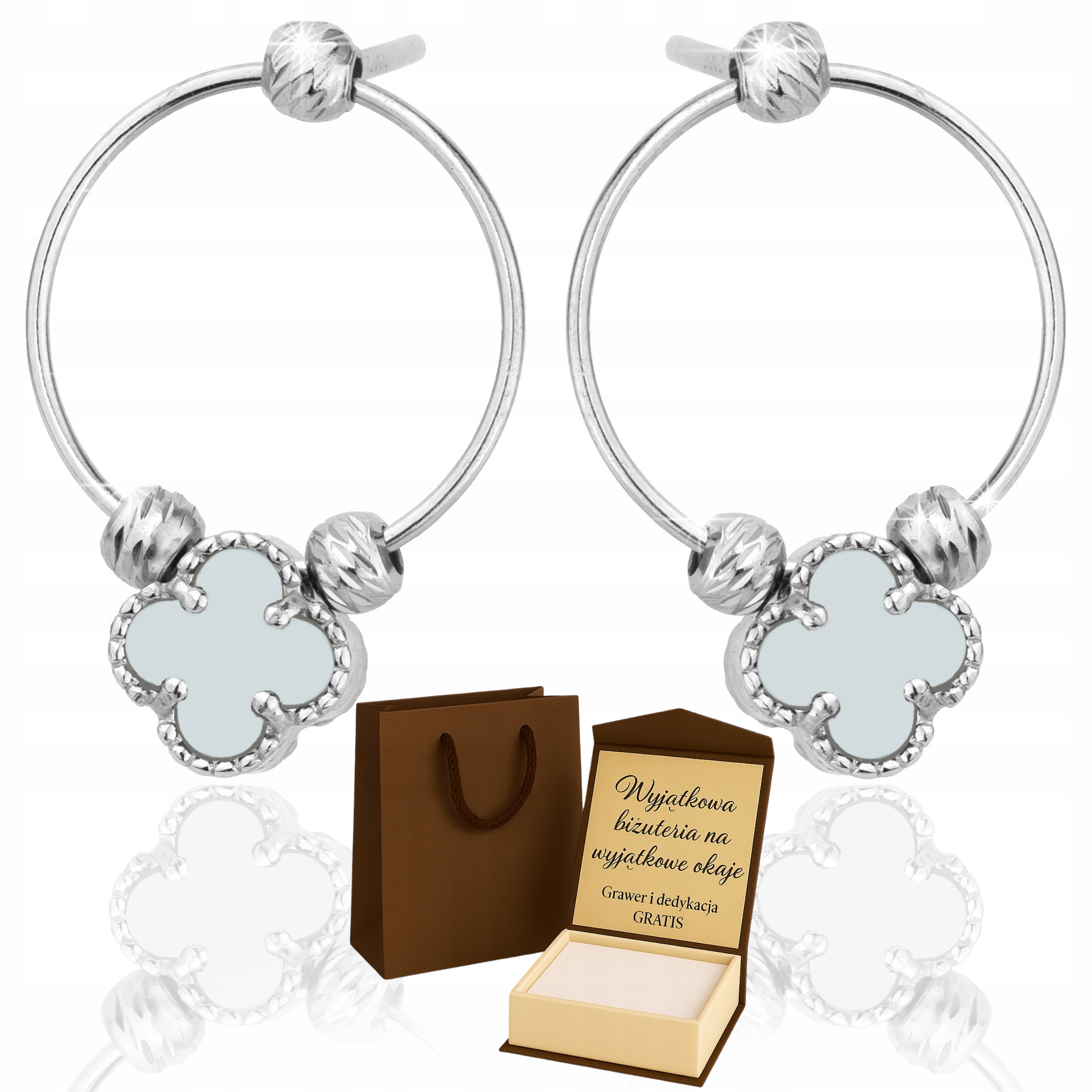 Dámské stříbrné Náušnice s Čtyřlístek světlý jetel, kruh, Gravírování 925