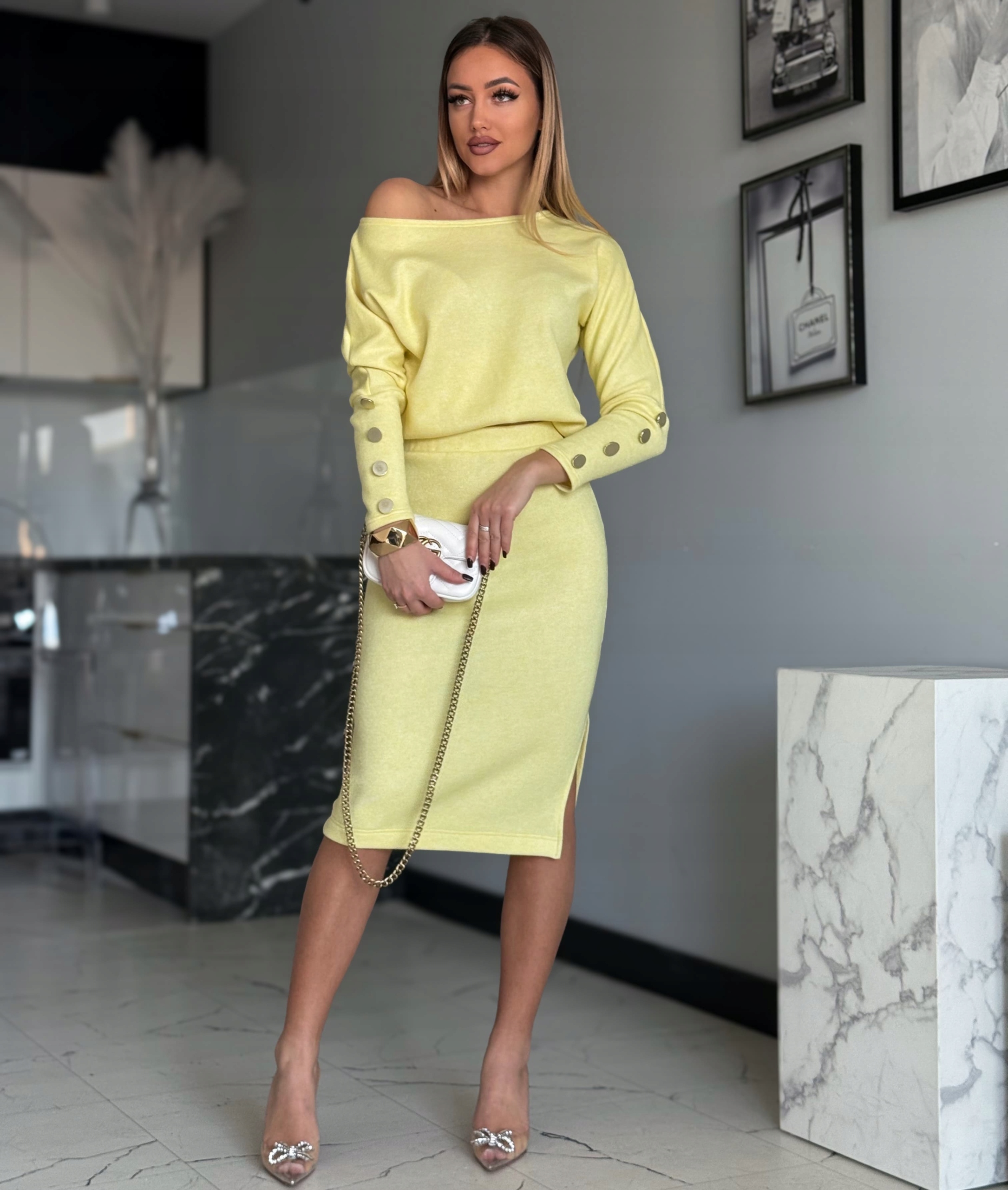 Pletený komplet Košilka carmen Sukně Rozparek Knoflíky Žlutá S