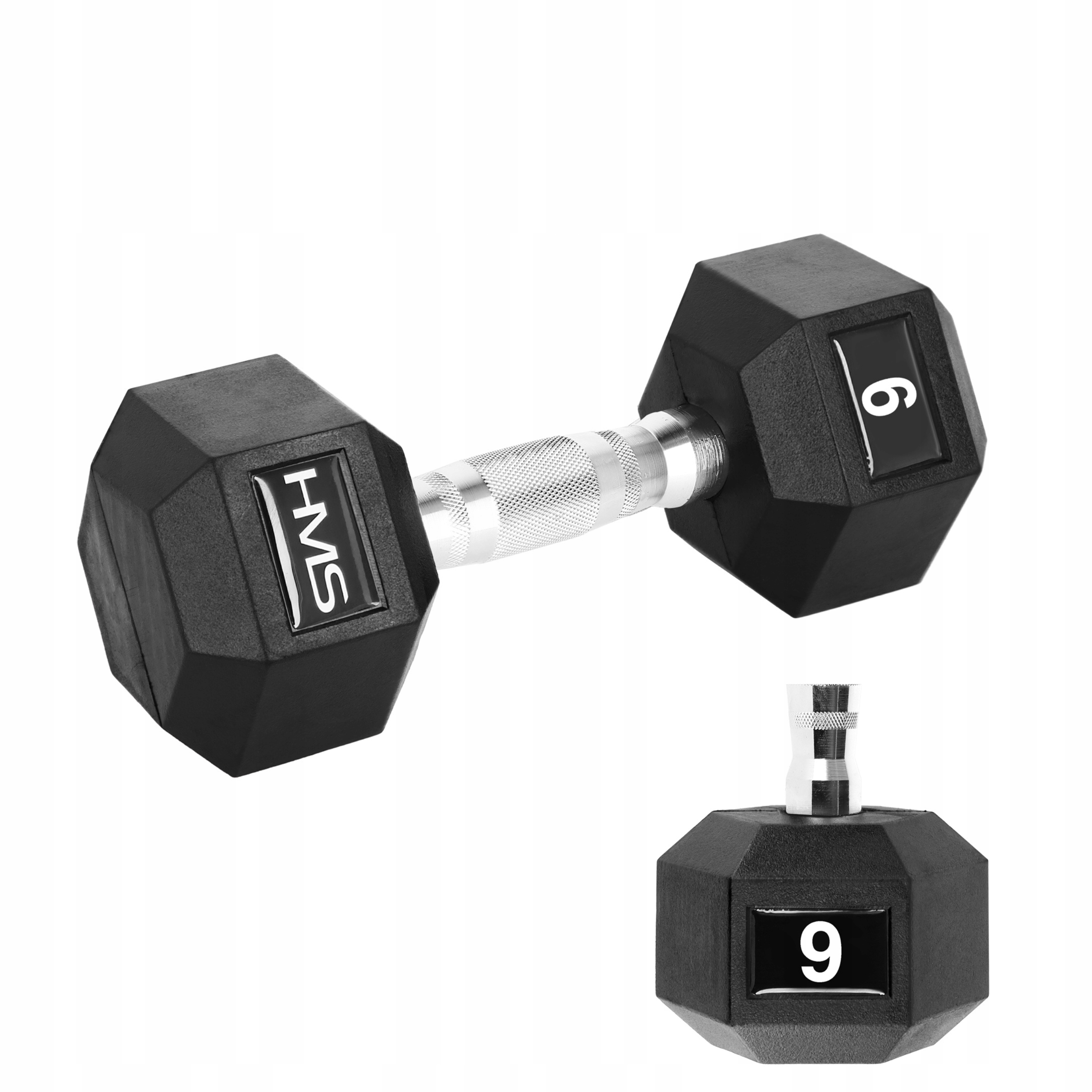 Pogumovaná činka 9 kg šestihranná hex fitness činka trénink Hms