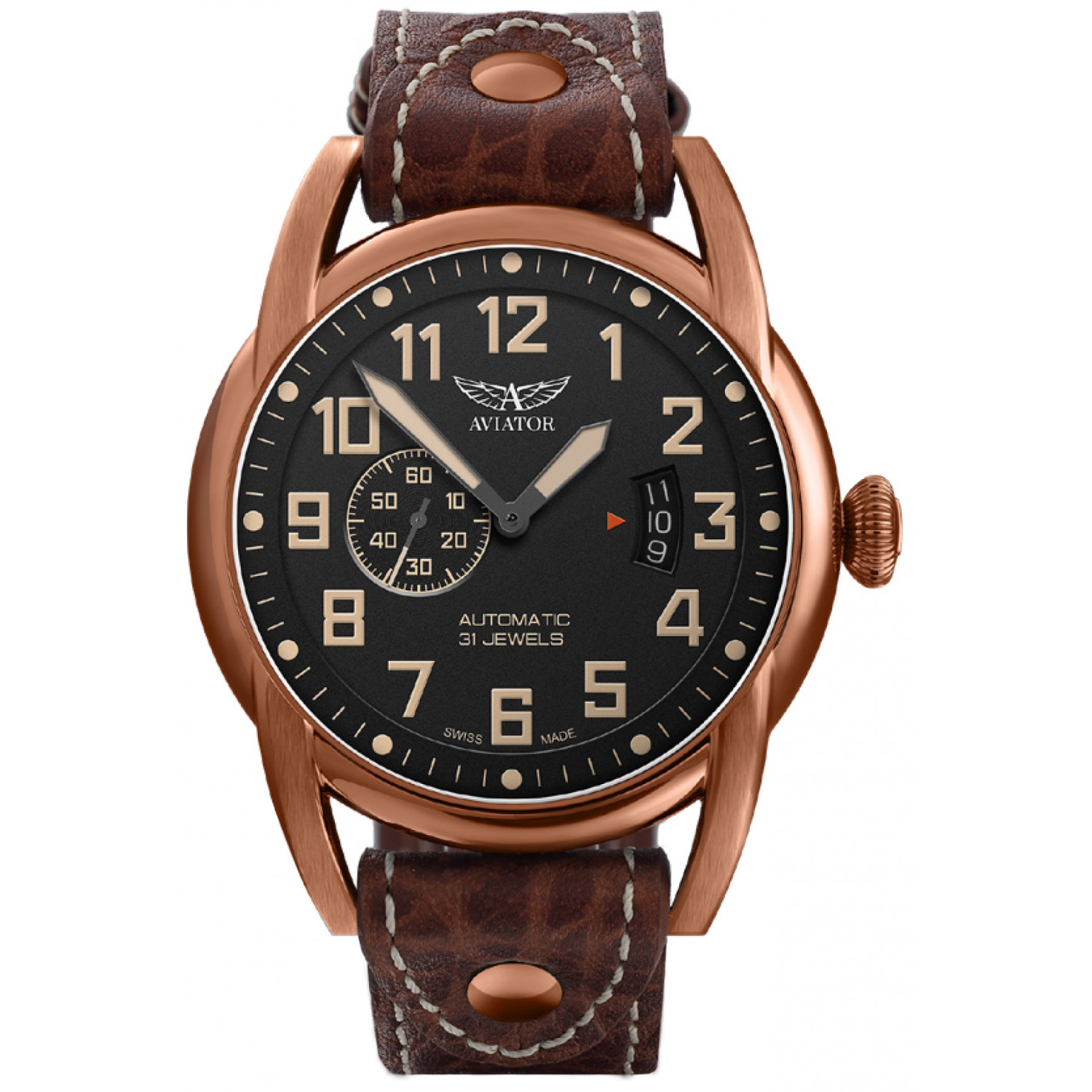 Pánské Pánské Hodinky Aviator V.3.18.8.162.4 s hnědým řemínkem