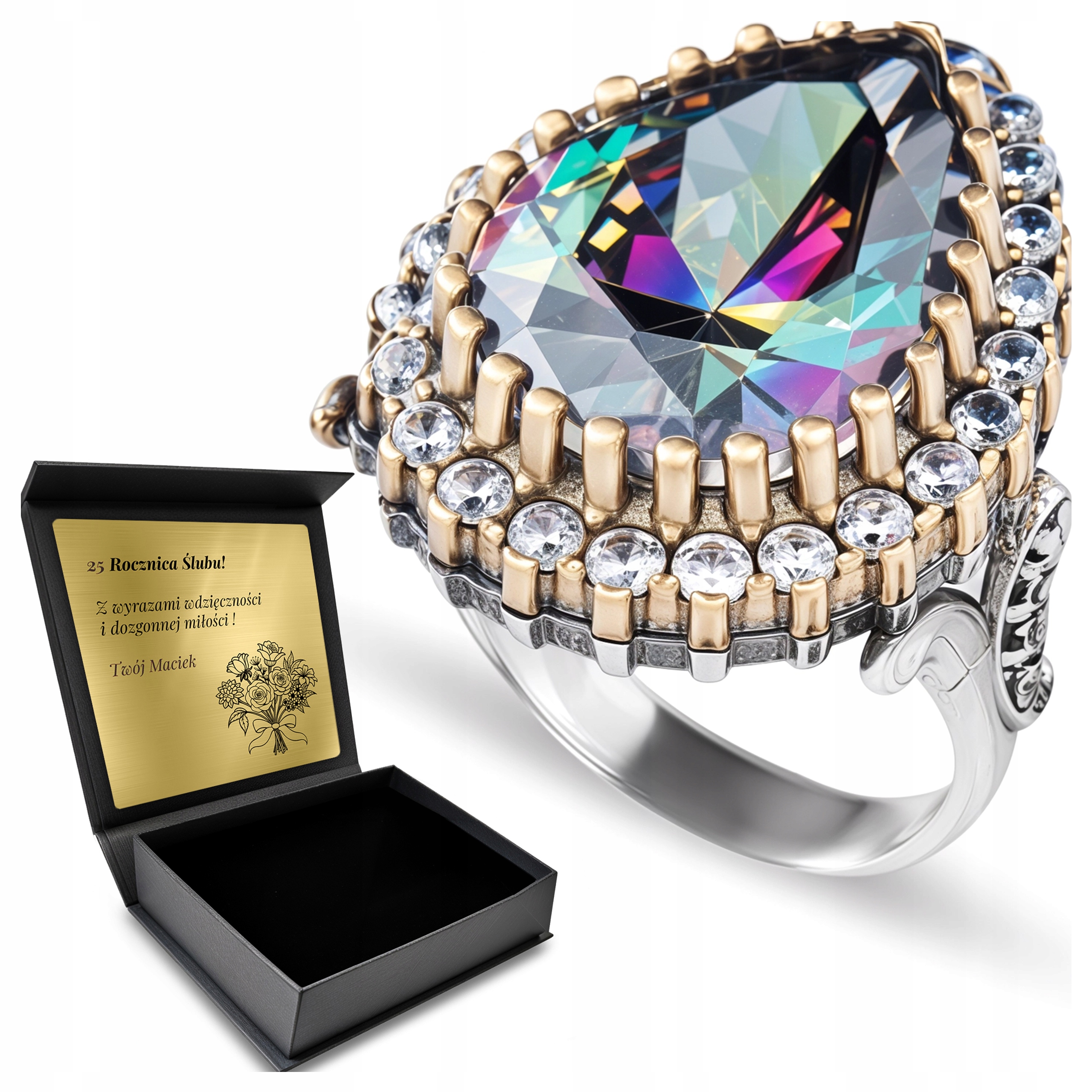 Prstýnek 925 S Mystickými Zirkony A Topazem Pro Ženu Gravírování