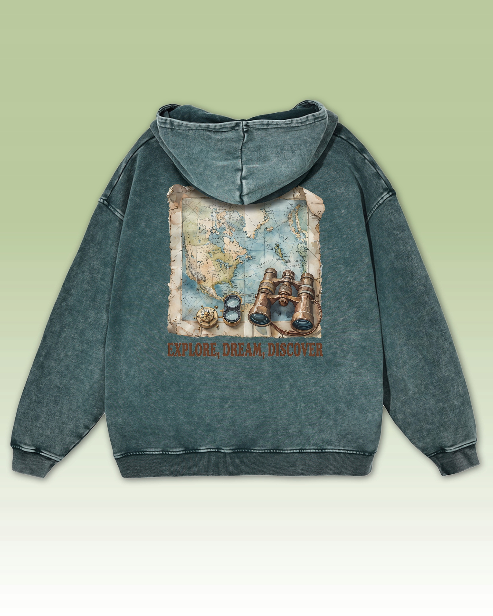 Mikina Explore Dream Discover Mapa Dalekohled Kompas Cestování Zelená L
