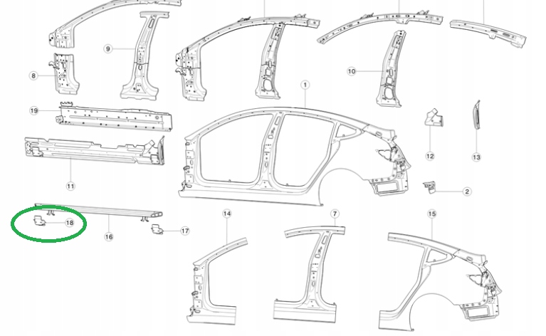 Tesla 3 wspornik progu PRAWY PRZOD 1088542 S0 A Catalog number of the original 1088542 S0 A