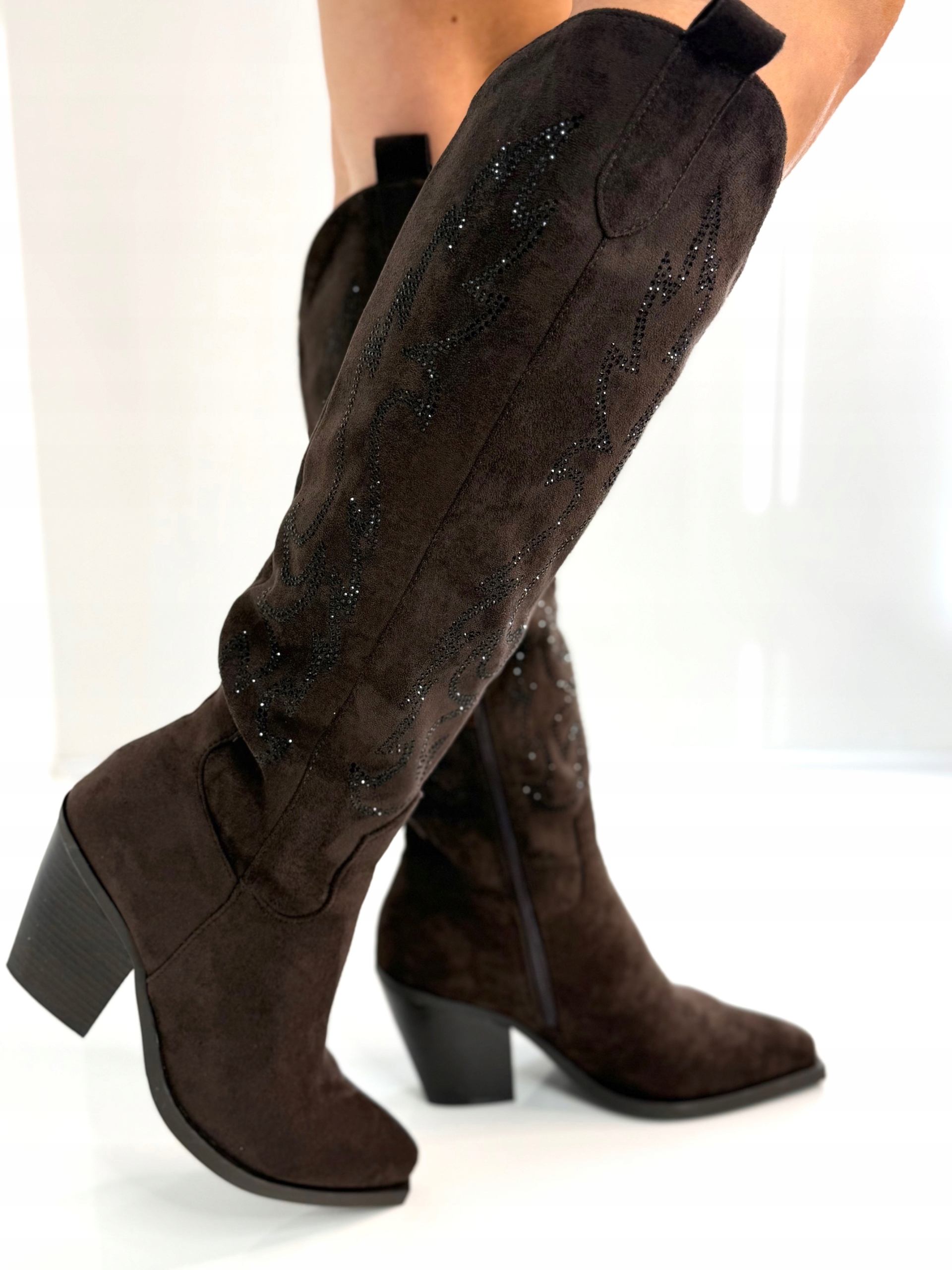 Kozačky Kovbojské Boty Dámské Semišové Zirkony Před koleno Čokoláda 40