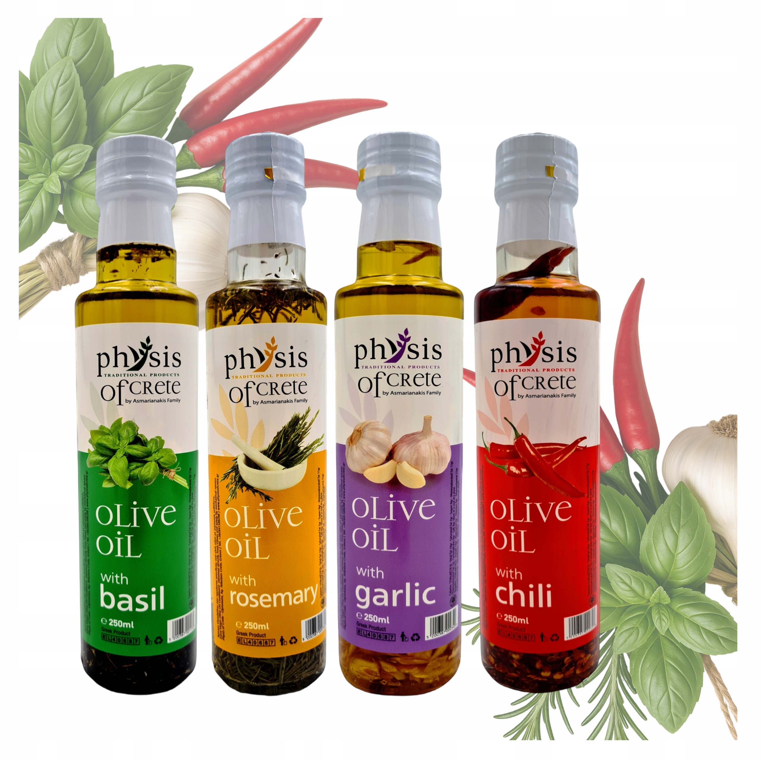 Levně Extra Panenský Olivový Olej Řecký 250 ML Sada 4 Chuťových Olejů Physis