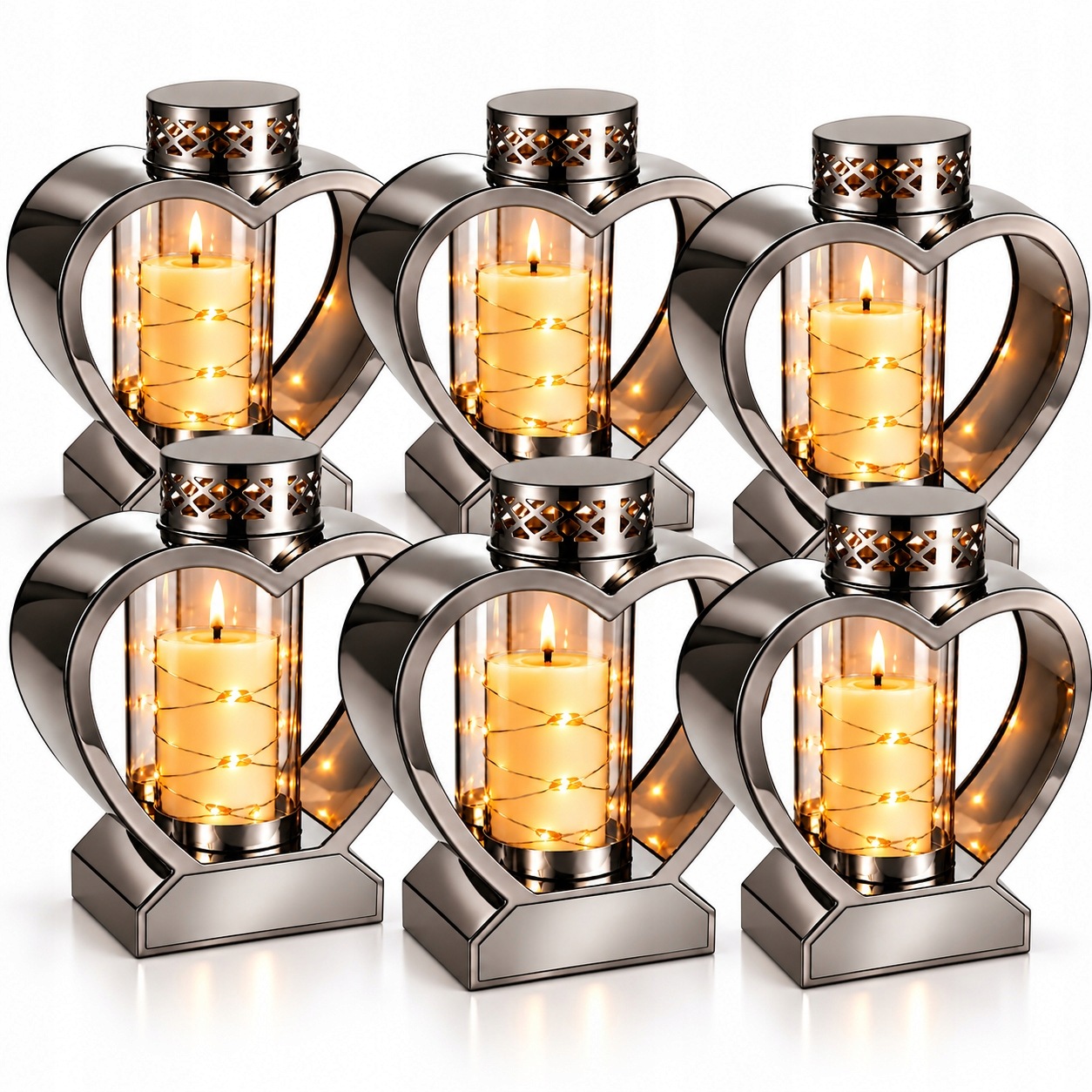6 x Hřbitovní Svíčka Led Srdce Kovové Náhrobní Elegantní Sada Vložek Bonus Na Hrob