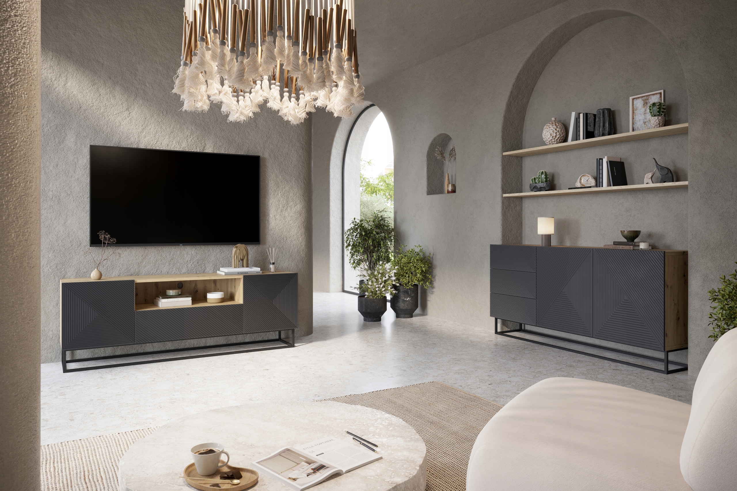 SZAFKA RTV LOFT STOLKIK KOMODA pod TV METALOWY STELAŻ DĄB ARTISAN SZARY MAT Marka Bogart