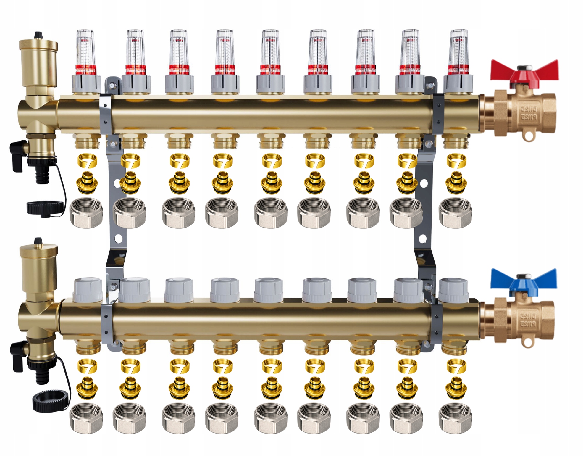 Rozdělovač pro podlahové vytápění – 9 okruhů jednoduché ventily Pex