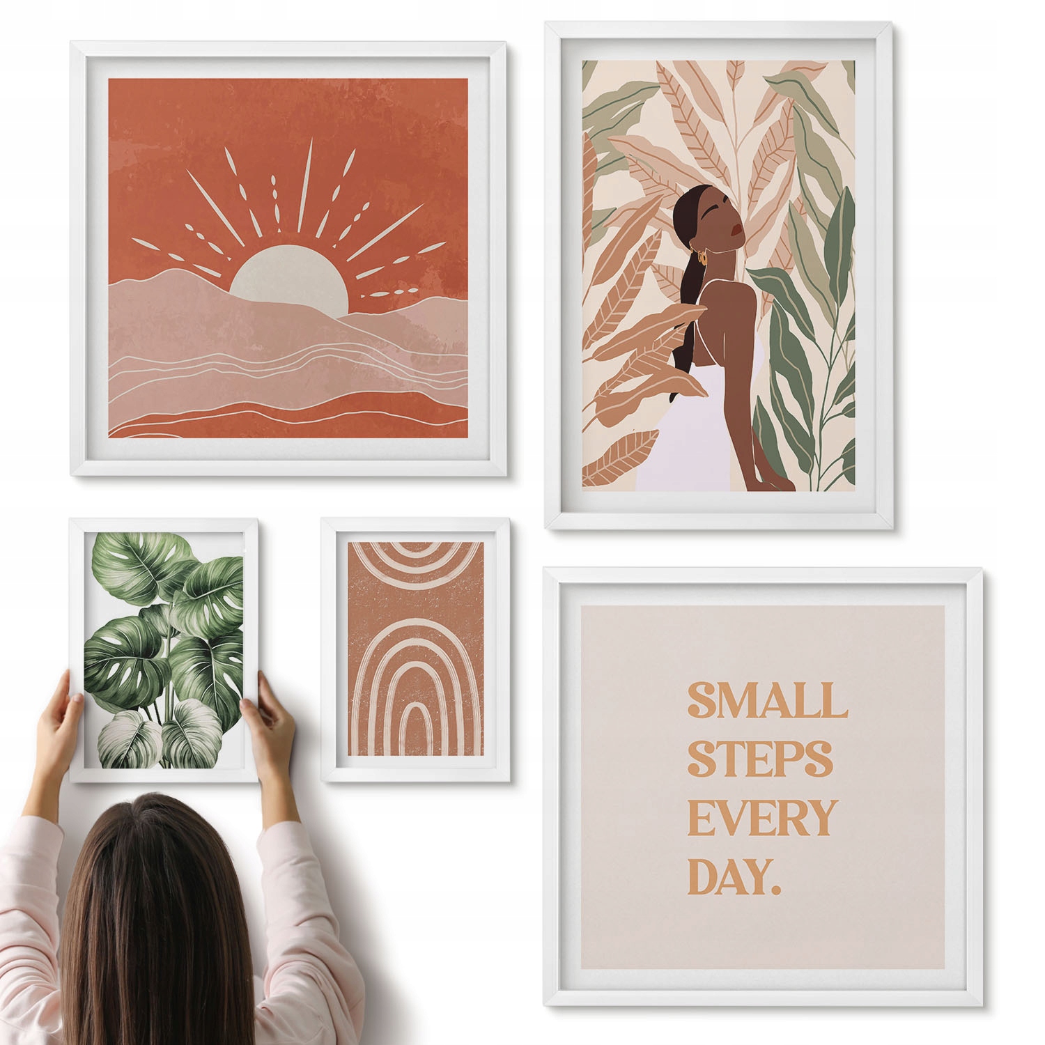 Nástěnné obrazy do ložnice Sada 5 ks Polyptych Styl boho rostlinný motiv