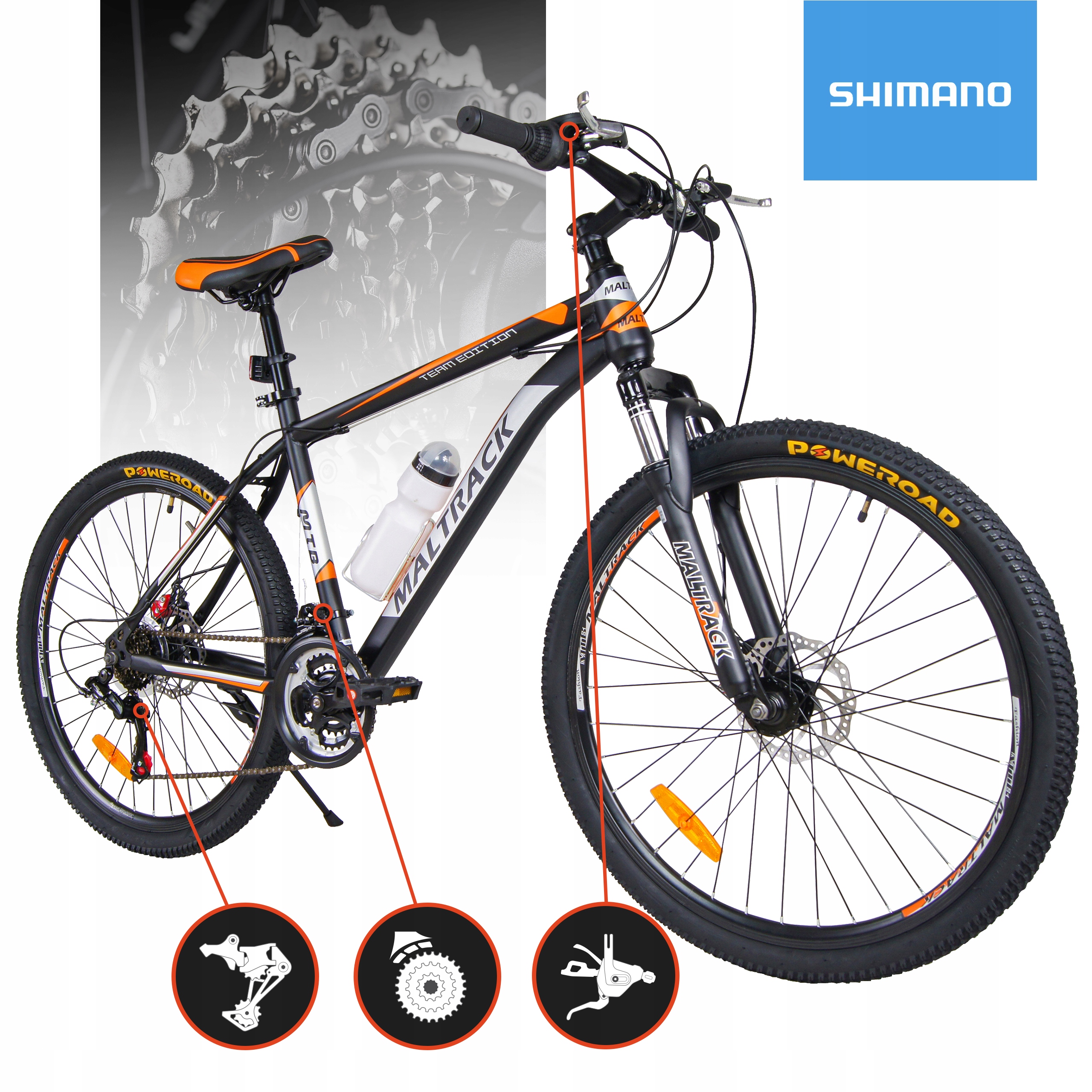 ROWER GÓRSKI MTB 26" SHIMANO 18 BIEGÓW HAMULCE TARCZOWE STALOWA RAMA 18,5" Marka MalTrack