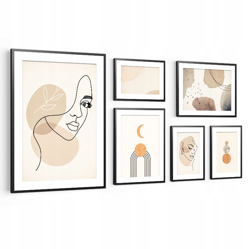 Komplet Obrazov Sada 6ks Plagáty v ráme Linky Tvár Béžová do obývačky