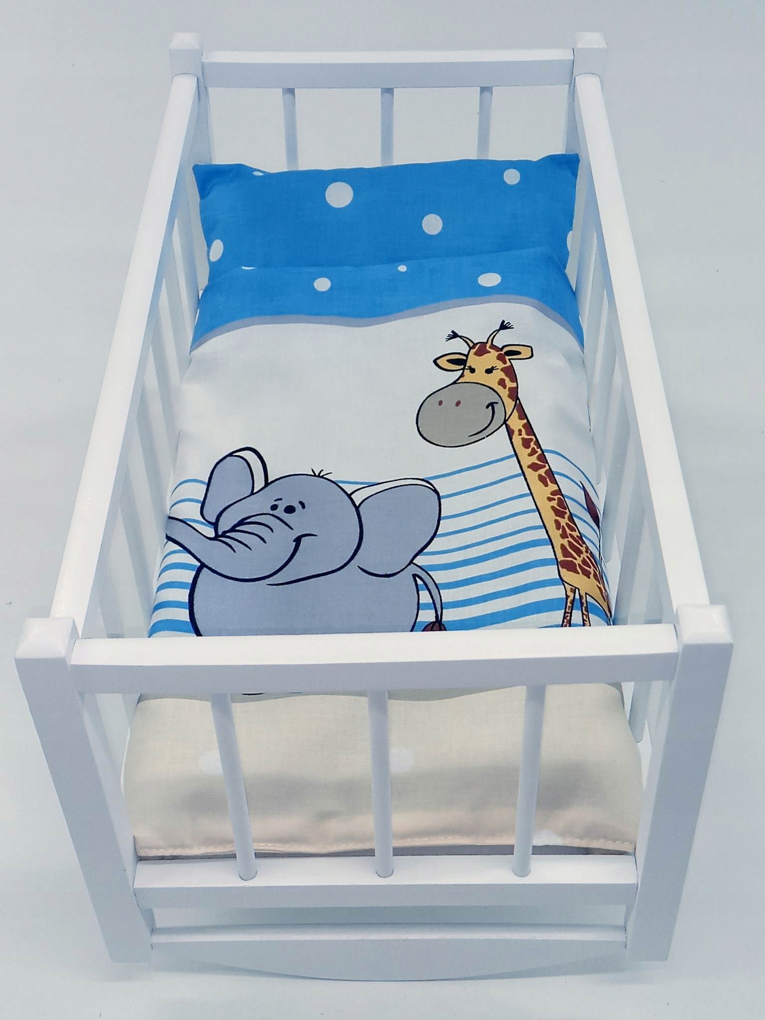 KOŁYSKA DLA LALEK BIAŁA DREWNIANA + POŚCIEL 3el