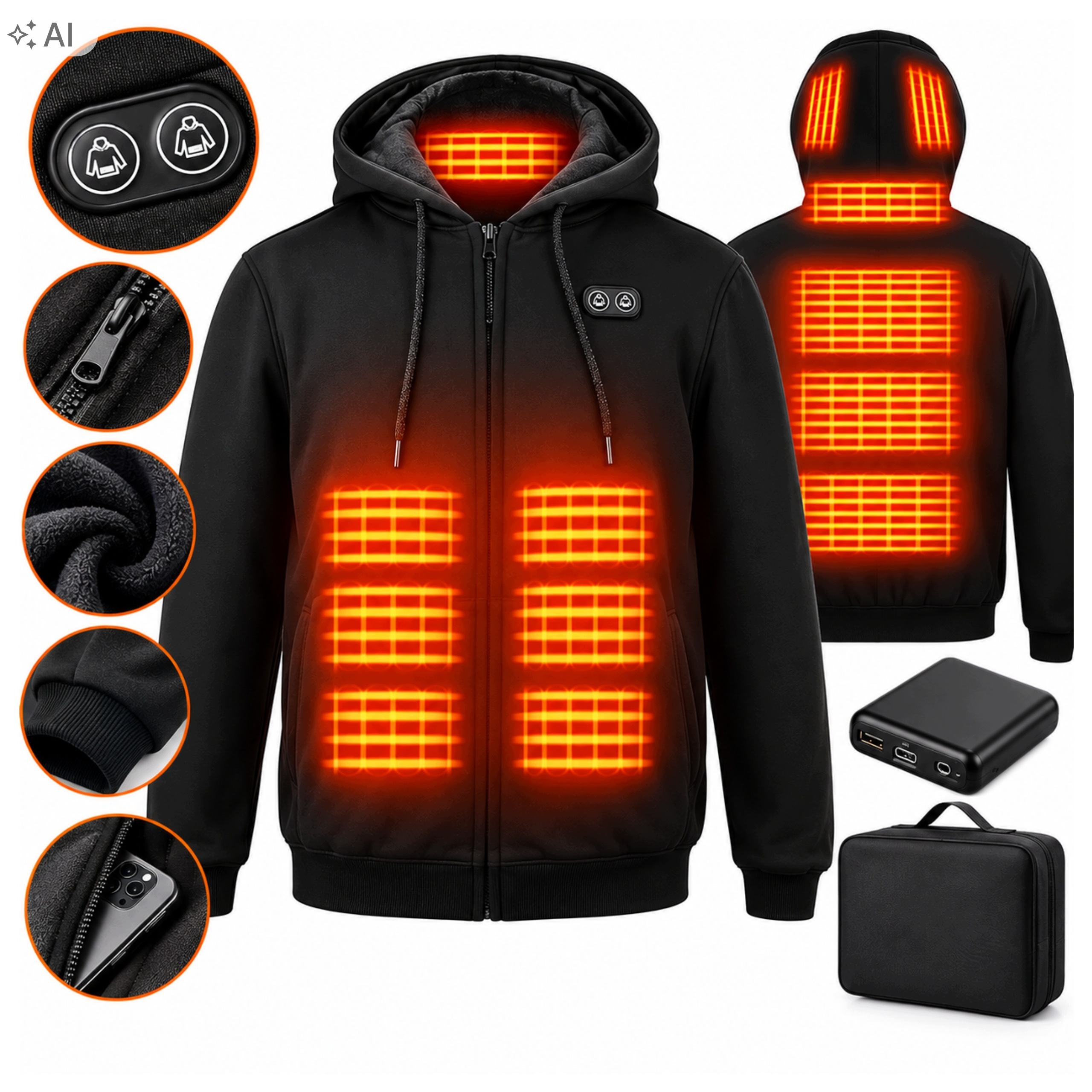 Mikina Unisex Wodesid M Černá Akumulátor 10000 mAh Kapuce Zip