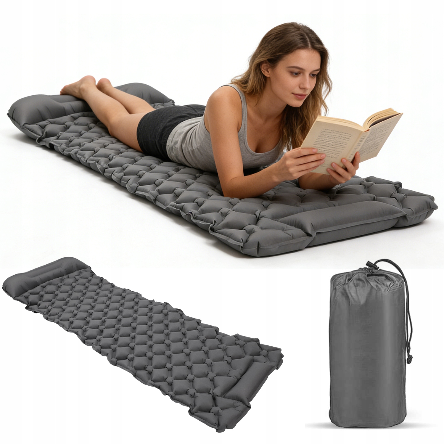 Mata Kempingowa Samopompująca Do Turystyki Z Poduszką Szara 195X60X5,5CM