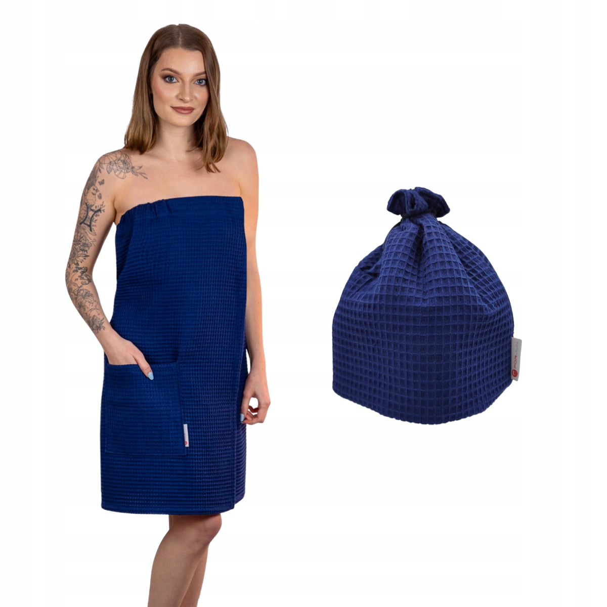 ZESTAW DO SAUNY KILT DAMSKI BISCOTTO 150x70 CZAPKA CAPELLO PORJUN GRANATOWY