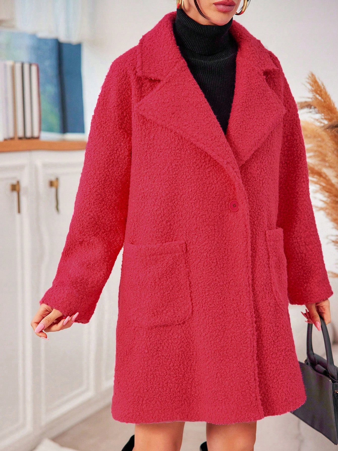 Kabát Teddy Se Sníženými Rameny Růžový Casual Shein Xs 34