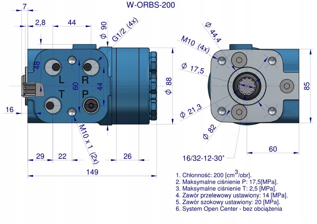 Orbitrol hydrauliczny W-ORBS 200 cm3/obr z zaworami (System Open Center - b Waga produktu z opakowaniem jednostkowym 6.65 kg