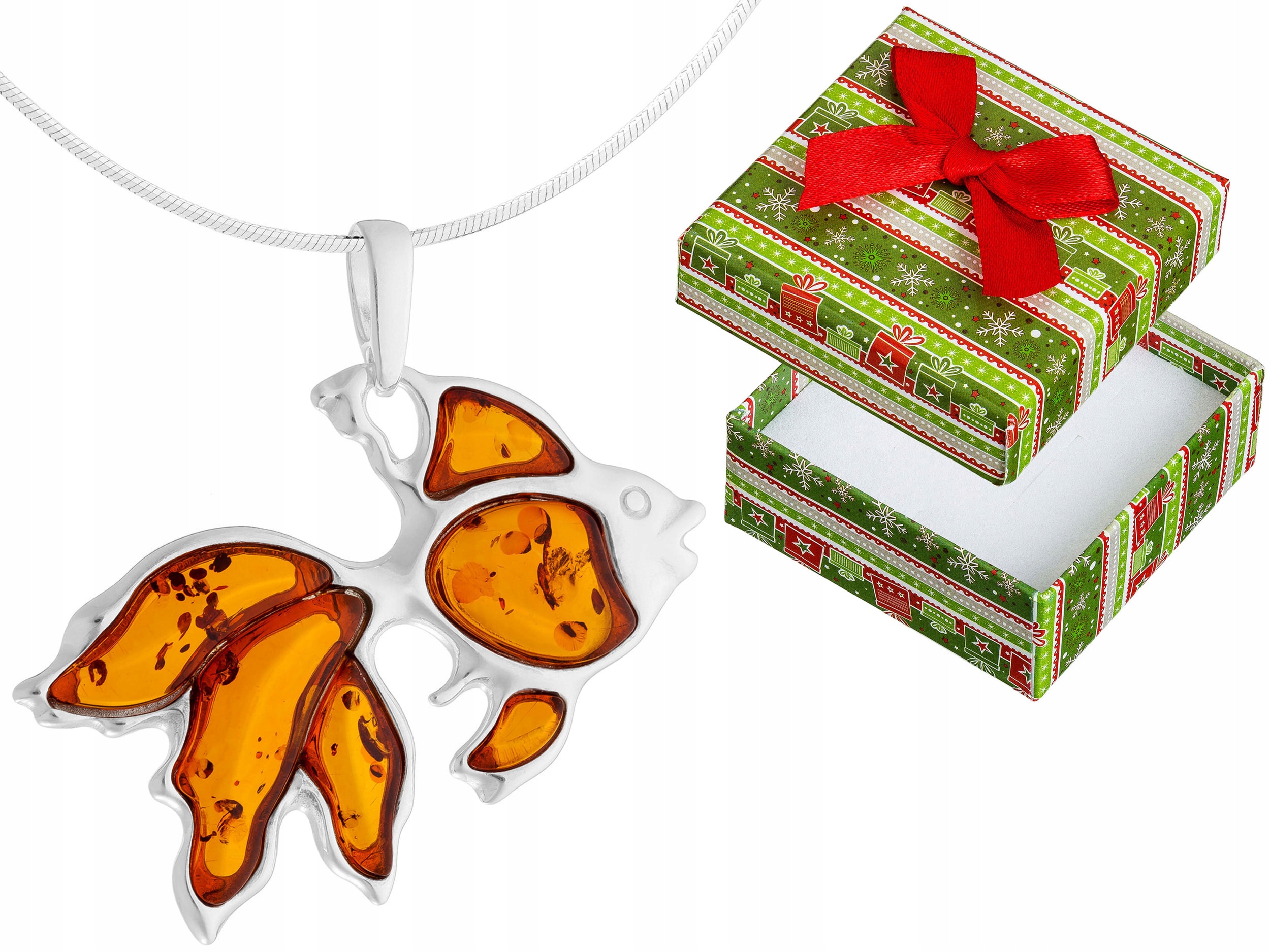 Velký Stříbrný Dámský Náhrdelník Ryba s Jantarem Zlatá Rybka Krátký 45 cm