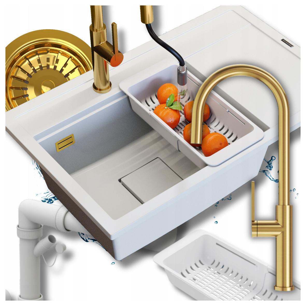 Granitový jednokomorový drez Biely Sada Rendo Batéria Sifón 5v1