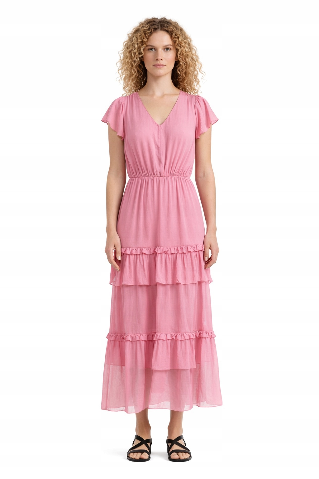 Růžové Šaty S Volánky A Bufetovými Rukávy, Velikost 1I3A