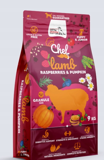 Syta Micha sucha karma dla szczeniąt Jagnięcina, malina i dynia 9kg