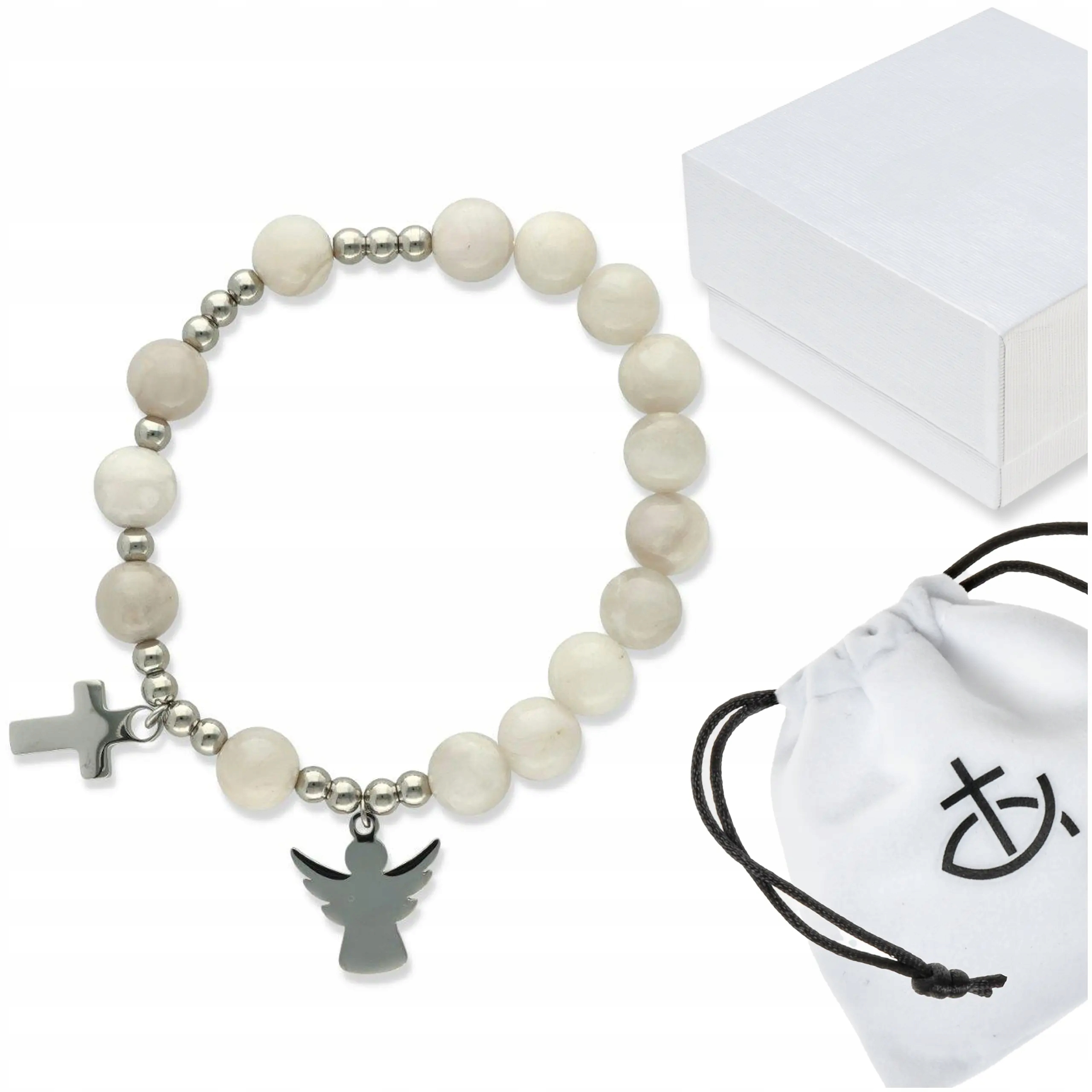 Růženec na ruku achát se stříbrnými přívěsky na přijímání a biřmování