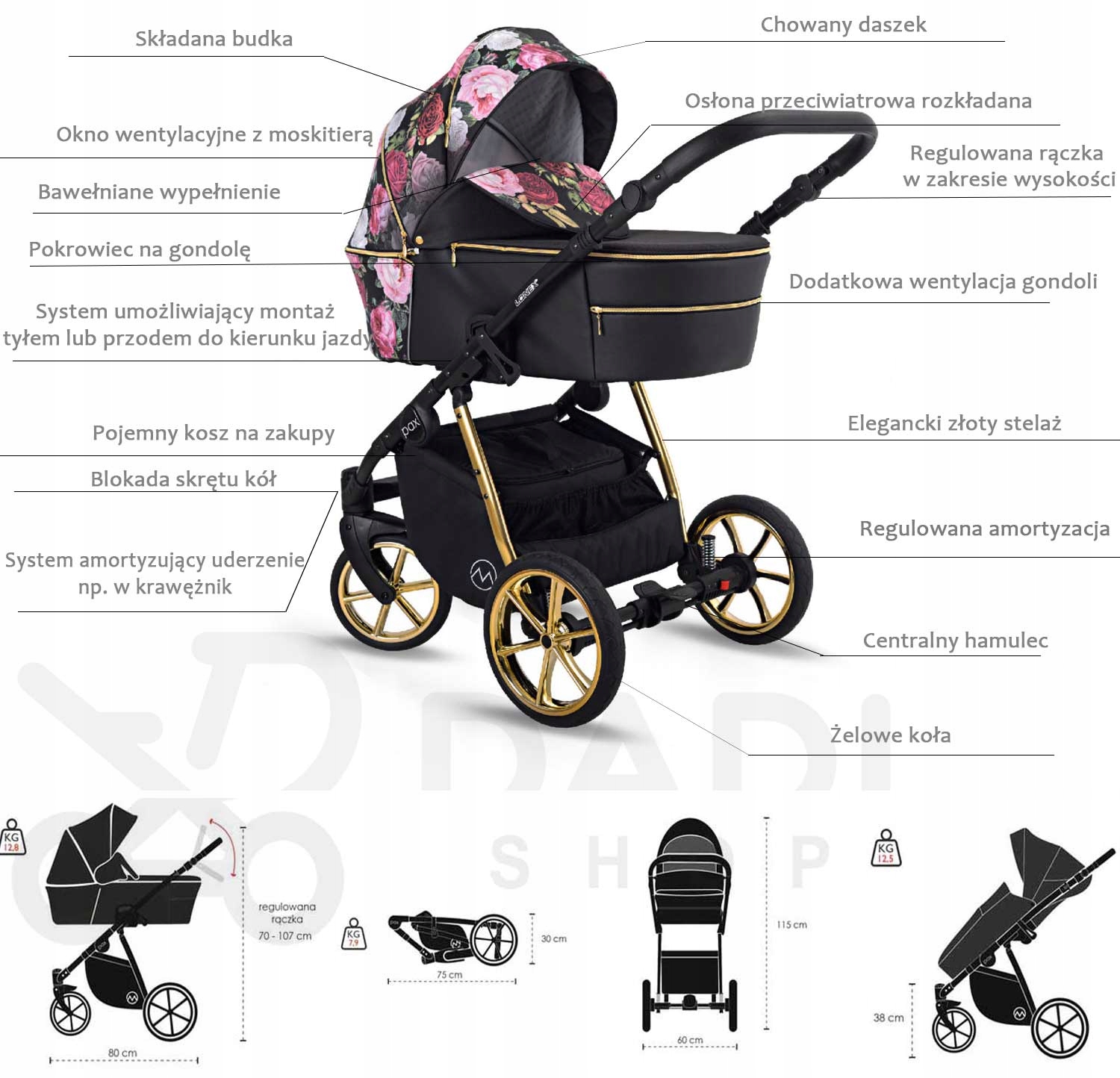 Wózek DZIEICĘCY 2w1 w róże złota RAMA w piękne kwiaty LONEX PAX ROSE Marka Lonex