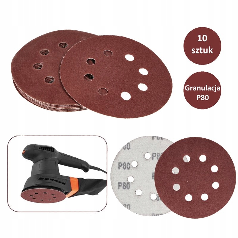 Papier Ścierny na rzep 125 Do Szlifierki Z Otworami P80 Krążek Krążki 10SZT