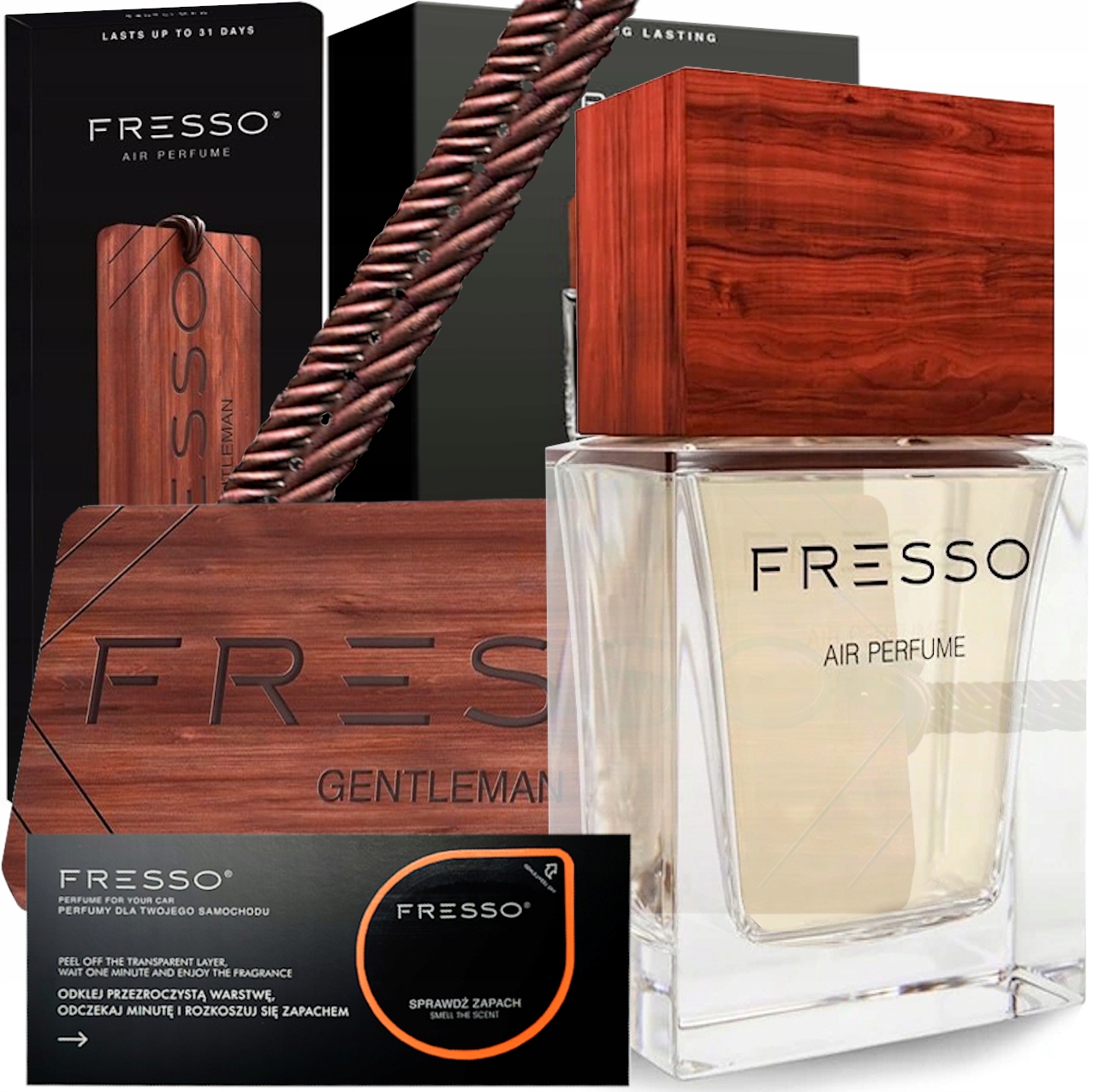 FRESSO GENTLEMAN ZESTAW PERFUMY DO SAMOCHODU 50 ML + ZAWIESZKA DO AUTA