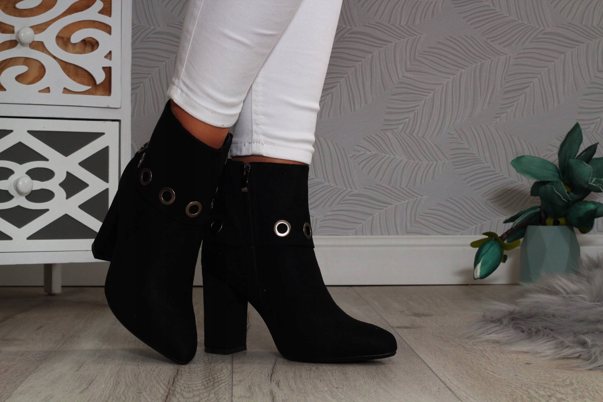 BOTKI NA OBCASIE DAMSKIE ZAMSZOWE CZARNE WIOSENNE Marka inna