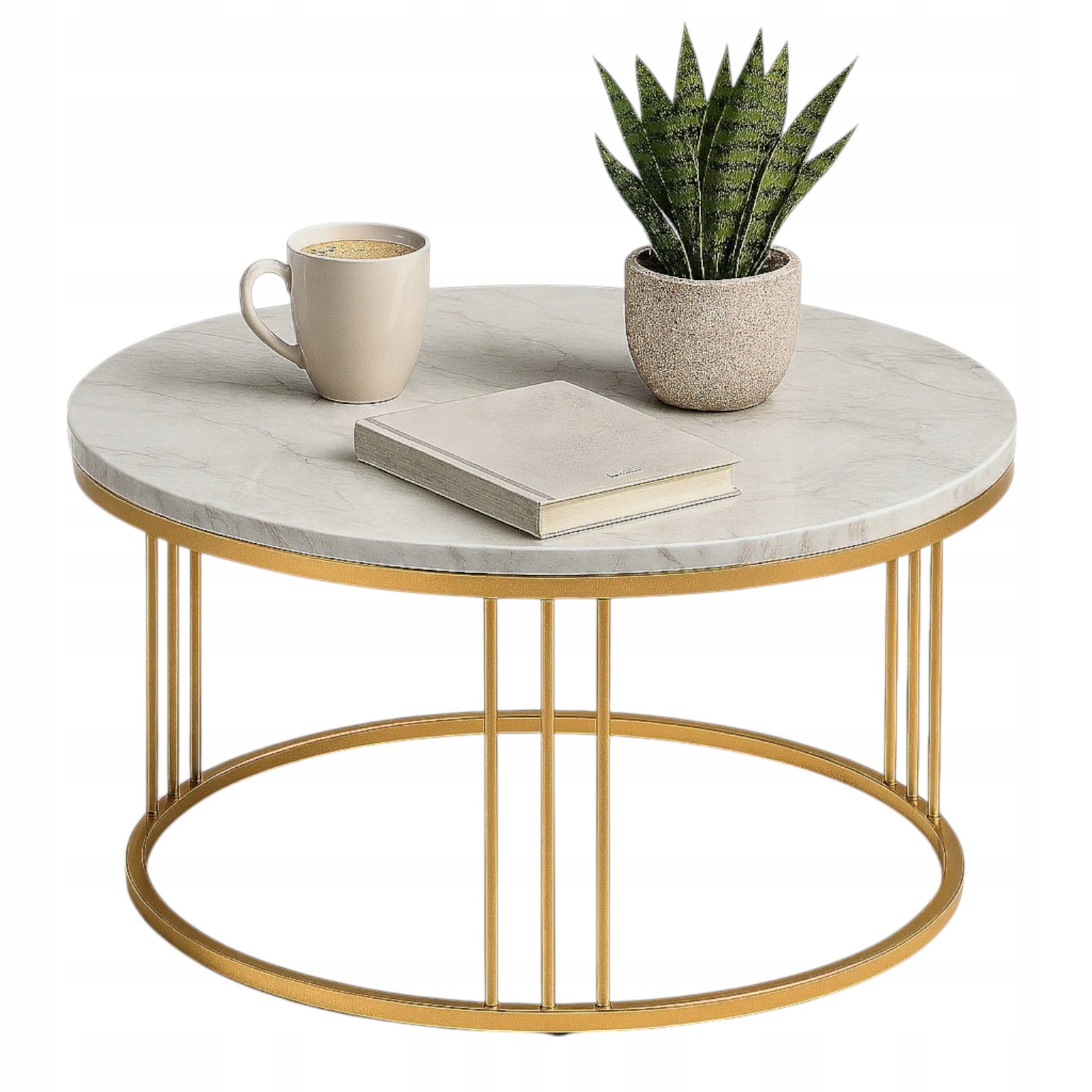 Stolik Kawowy Okrągły 80 cm biały Marmur Złoty Loft Nowoczesny Design