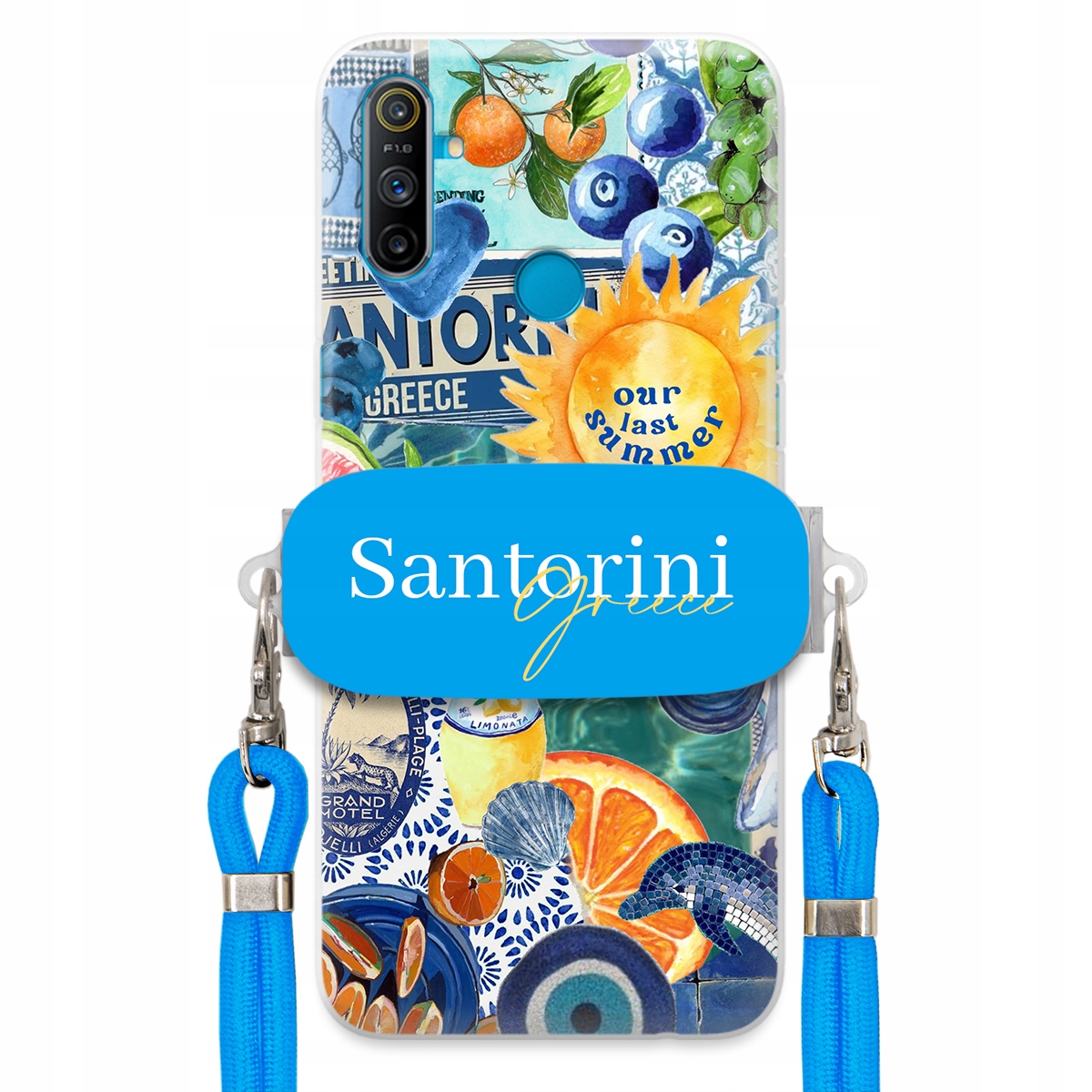 Puzdro pre Realme C3 Modré Crossbody vodítko držiak Santorini Sea Vibes