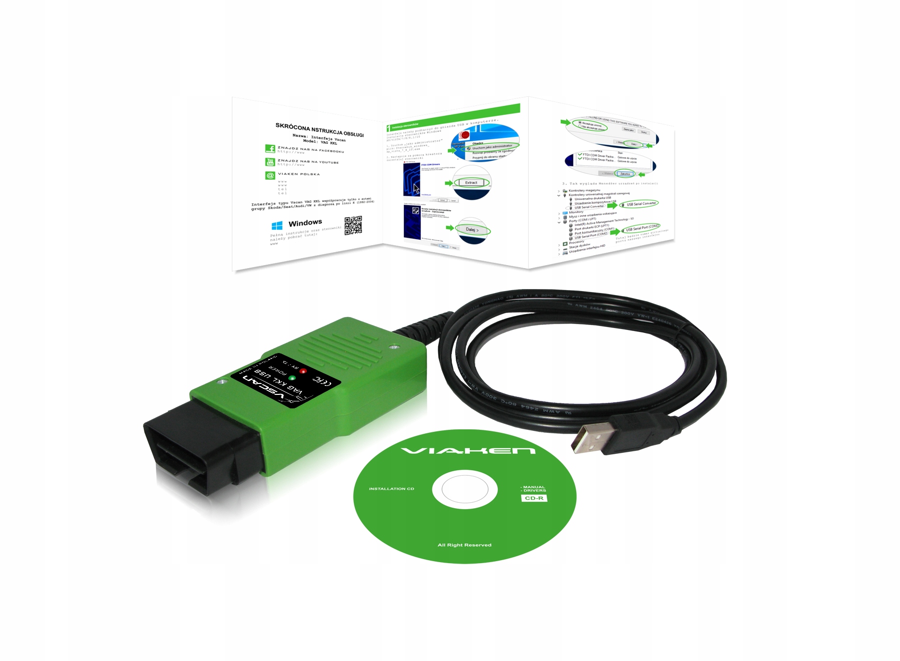 Interfejs diagnostyczny VIAKEN USB VAG KKL OBD2 z diodami