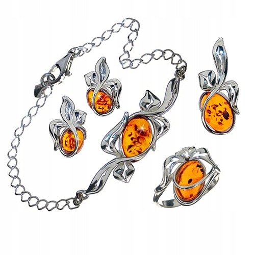 Stříbrný Komplet přívěsek náušnice náramek prstýnek z Jantarového Stříbro