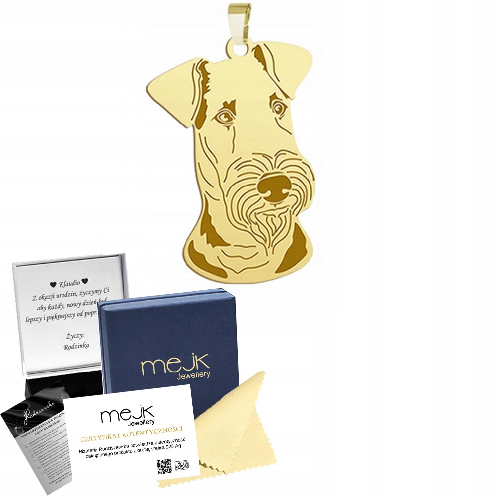 Zlatý přívěsek se psem Airedale Terrier 925 Dárek Žena Gravírování Bonus