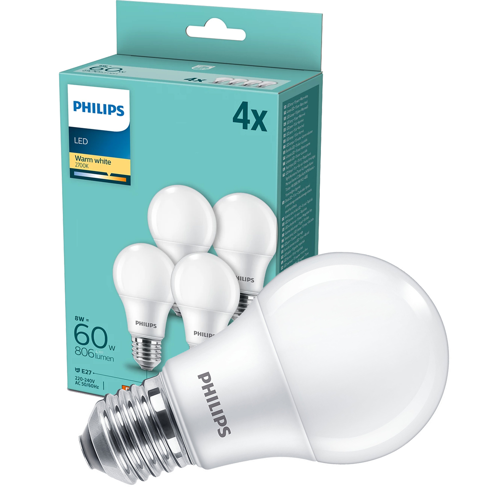 4x Żarówka LED E27 A60 8W = 60W 806lm 2700K Ciepła PHILIPS