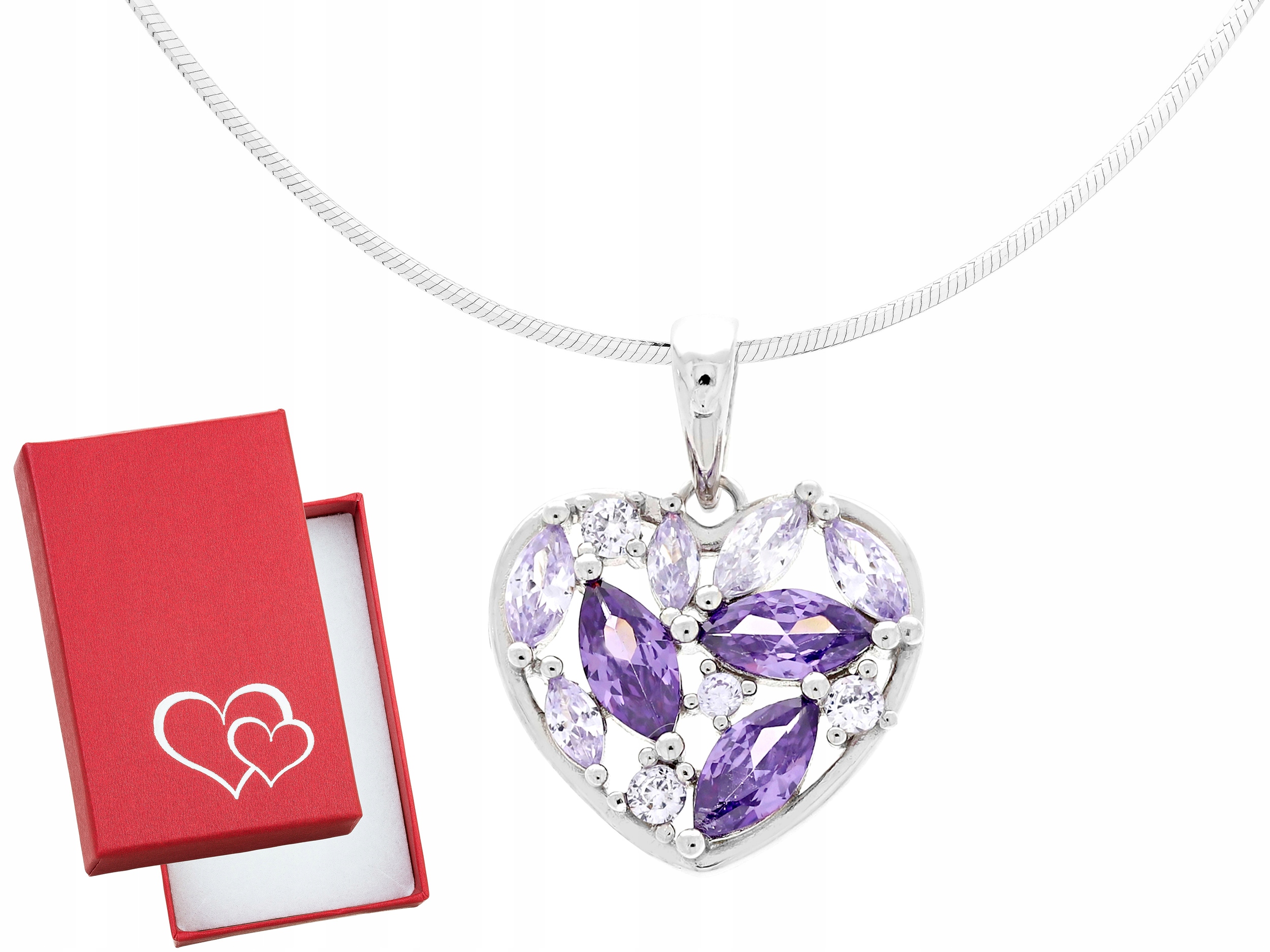 Krátký stříbrný dámský náhrdelník Srdce s fialovými zirkony Choker 40 cm