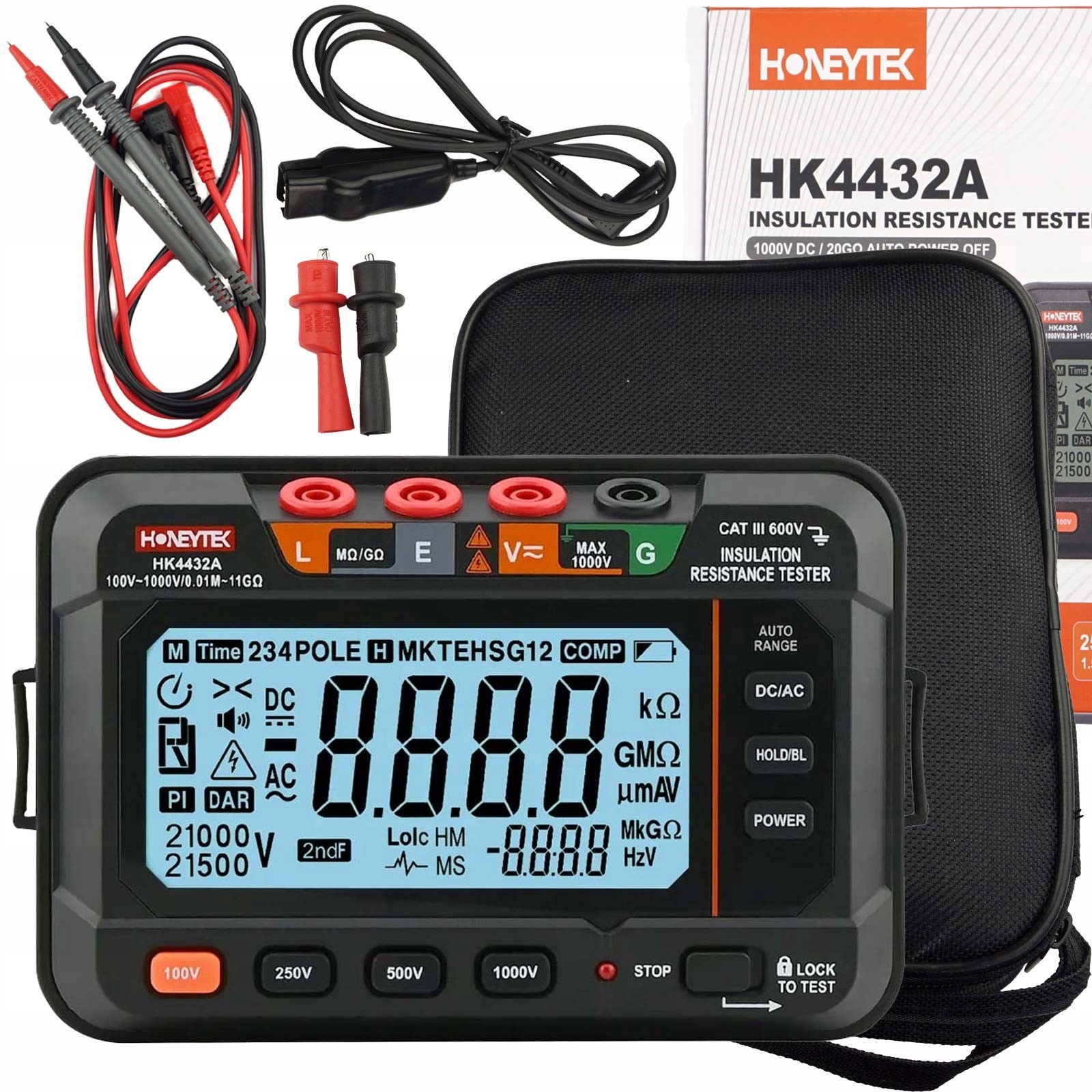 Přenosný izolační tester Honeytek HK4432A 1000V LCD 6000 počtů