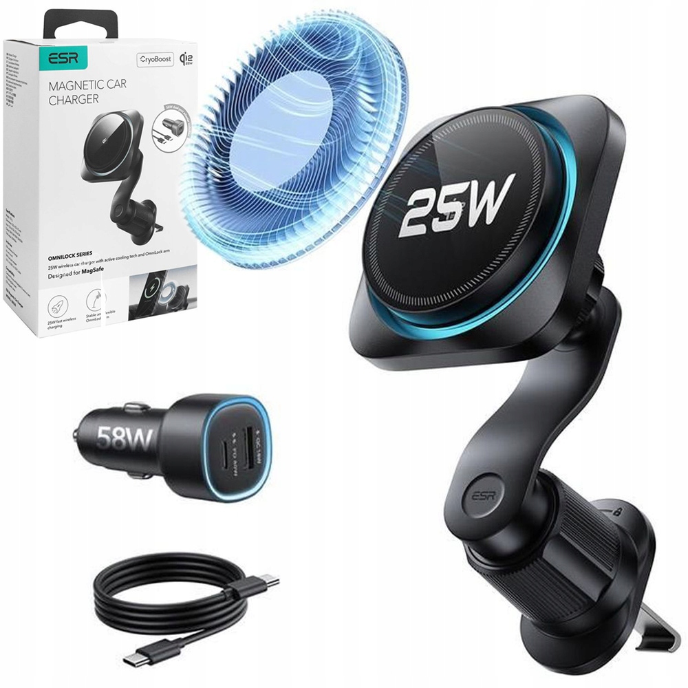 Bezdrátová nabíječka Esr Omnilock Cryoboost Magsafe Vent do auta Qi2.2 25W